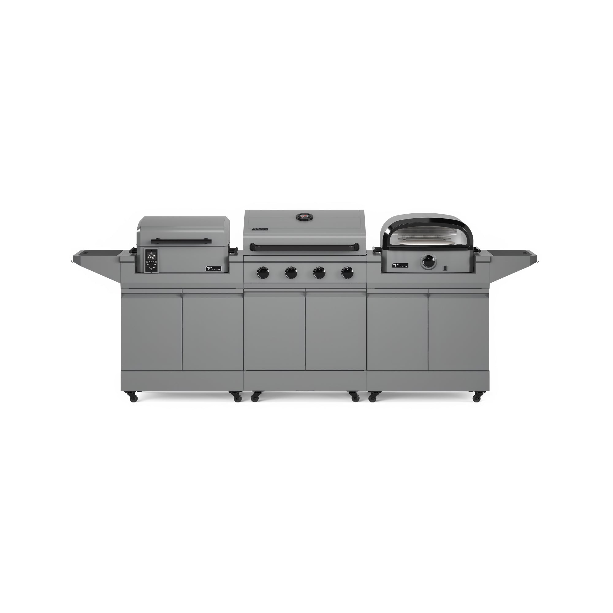 TYTUS Modular Grilling Collection 4-Burner Gas Grill, Pellet Smoker with Cart and Pizza Oven with Cart - TDT-BUN-008