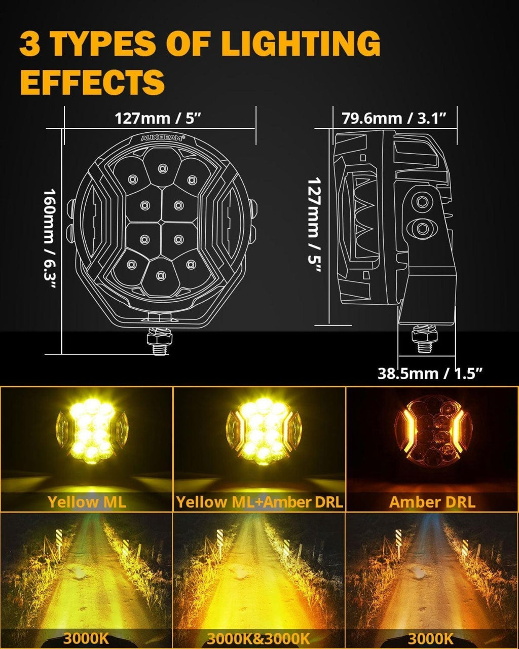 Auxbeam V-ULTRA Series 6/8 Pcs 5 Inch 172W LED Side Shooter Amber DRL with Power Harness - GP00011308