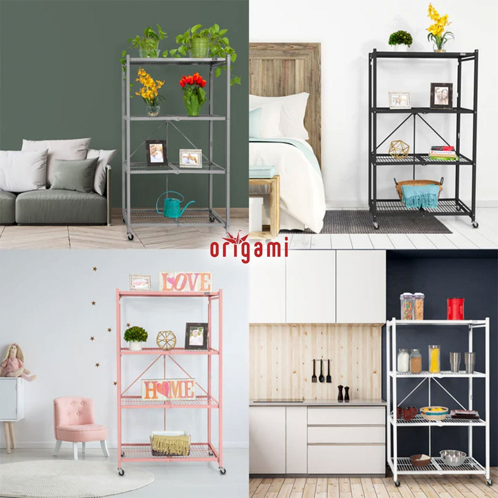 Origami 3-Pack R5-06W 4-Wheel 4-Shelf Folding Steel Wire Shelving Storage, White - 415204