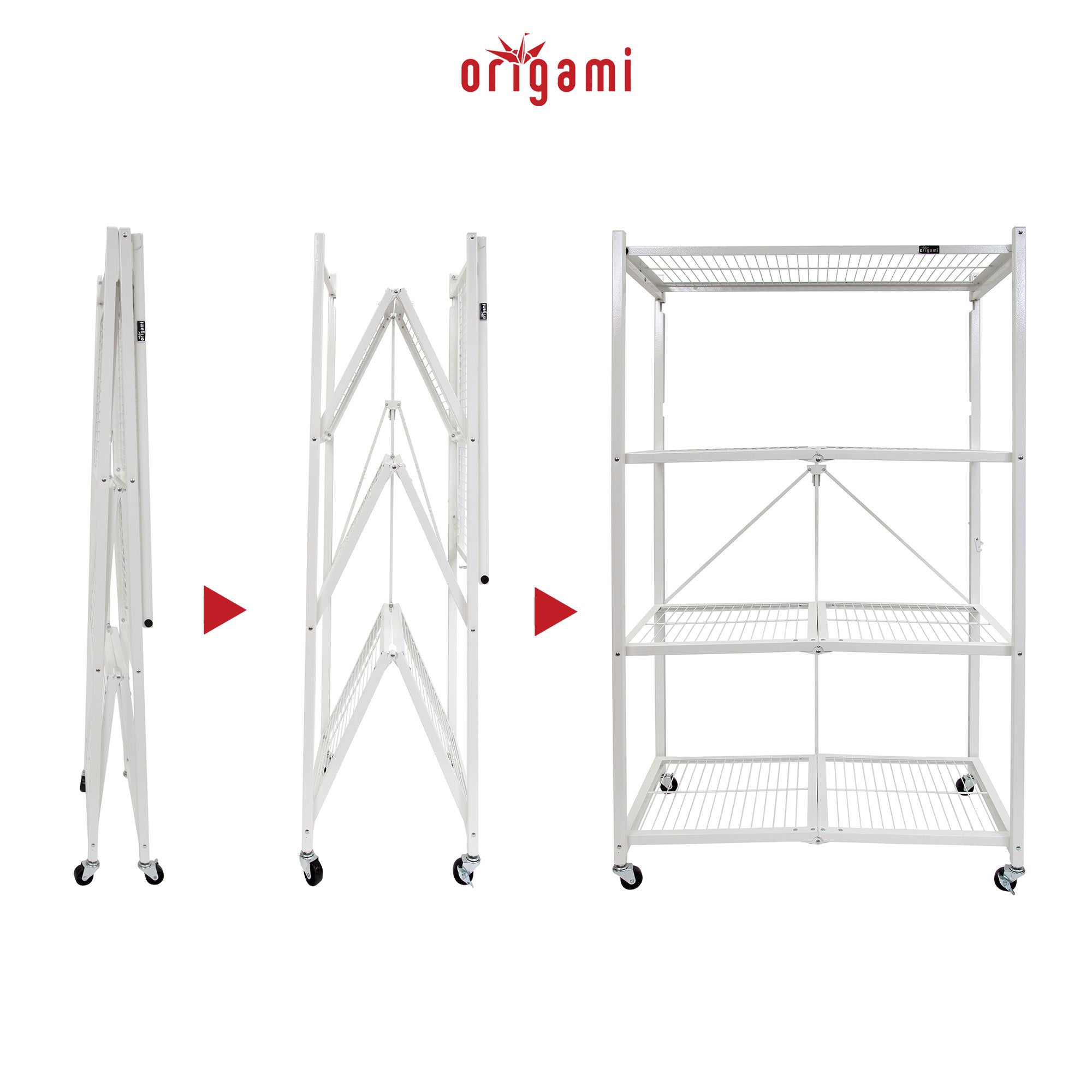 Origami 3-Pack R5-06W 4-Wheel 4-Shelf Folding Steel Wire Shelving Storage, White - 415204