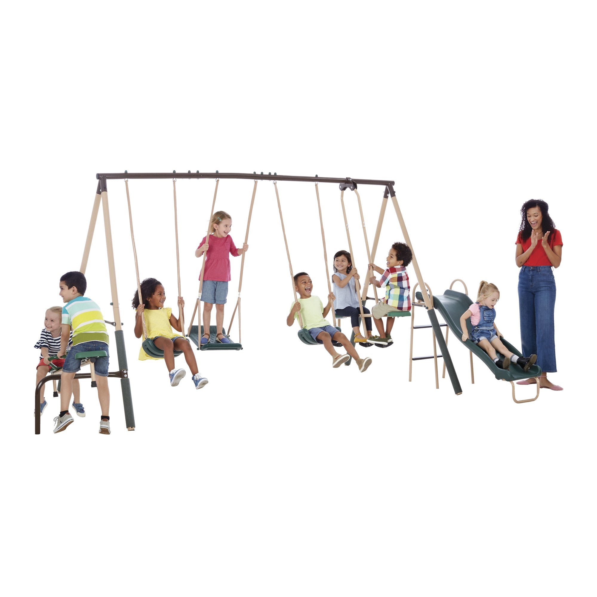 XDP Recreation Crestview Outdoor Swing Set w/ Slide, Glider, 3 Swings, & See Saw - 102127