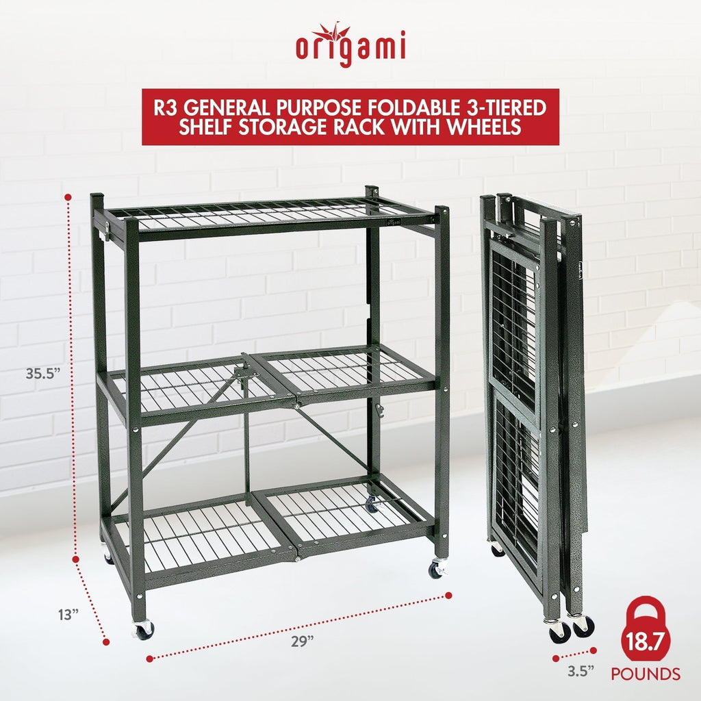 Origami R3 Foldable 3-Tiered Shelf Storage Rack & Wheels, Pewter (6 Pack) - 253009