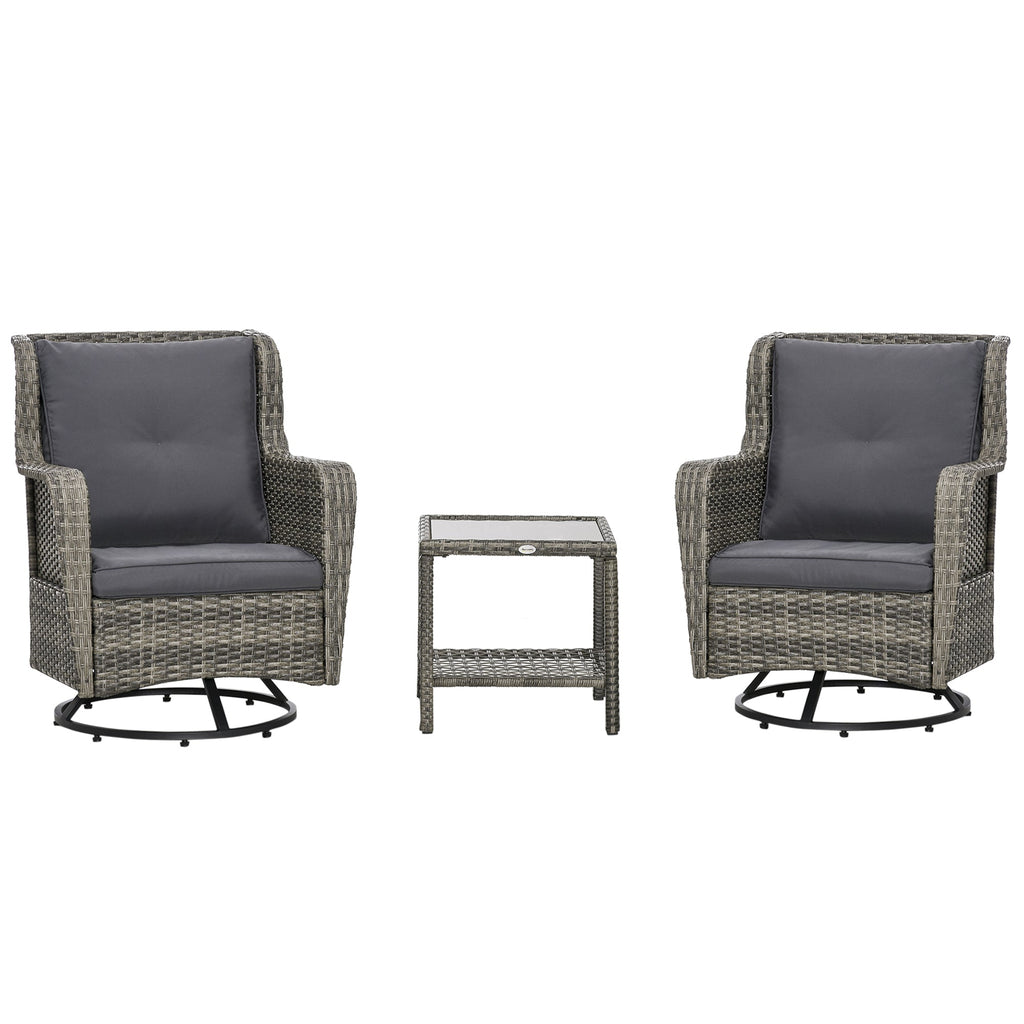 Outsunny 3 Pieces Patio Bistro Set with Glass Coffee Table and Swivel Porch Chairs, Gray - 863-113V00GG