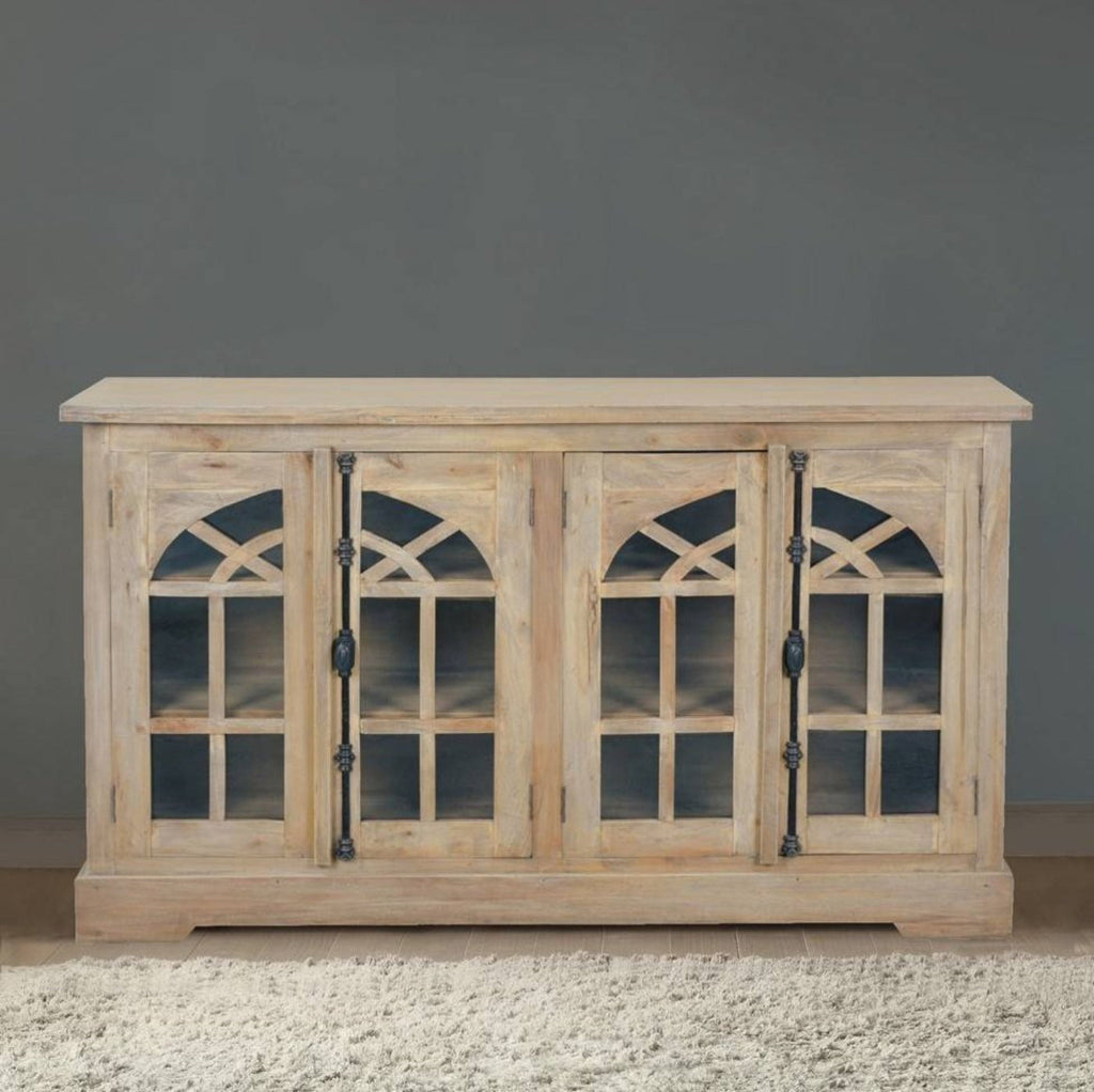 Sunset Trading Cottage 63" Arched Glass Door Credenza | Driftwood Brown Solid Wood Display Cabinet | Fully Assembled Sideboard -  CC-CAB1706S-DW