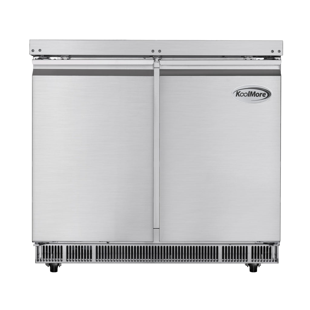 KOOLMORE 36 in. Commercial Refrigerated Prep Station Cold Table, Stainless-Steel Refrigerator with 6-Pan (Not Included) with Cover Capacity and Two Adjustable Shelves  - KM-RBT-36C