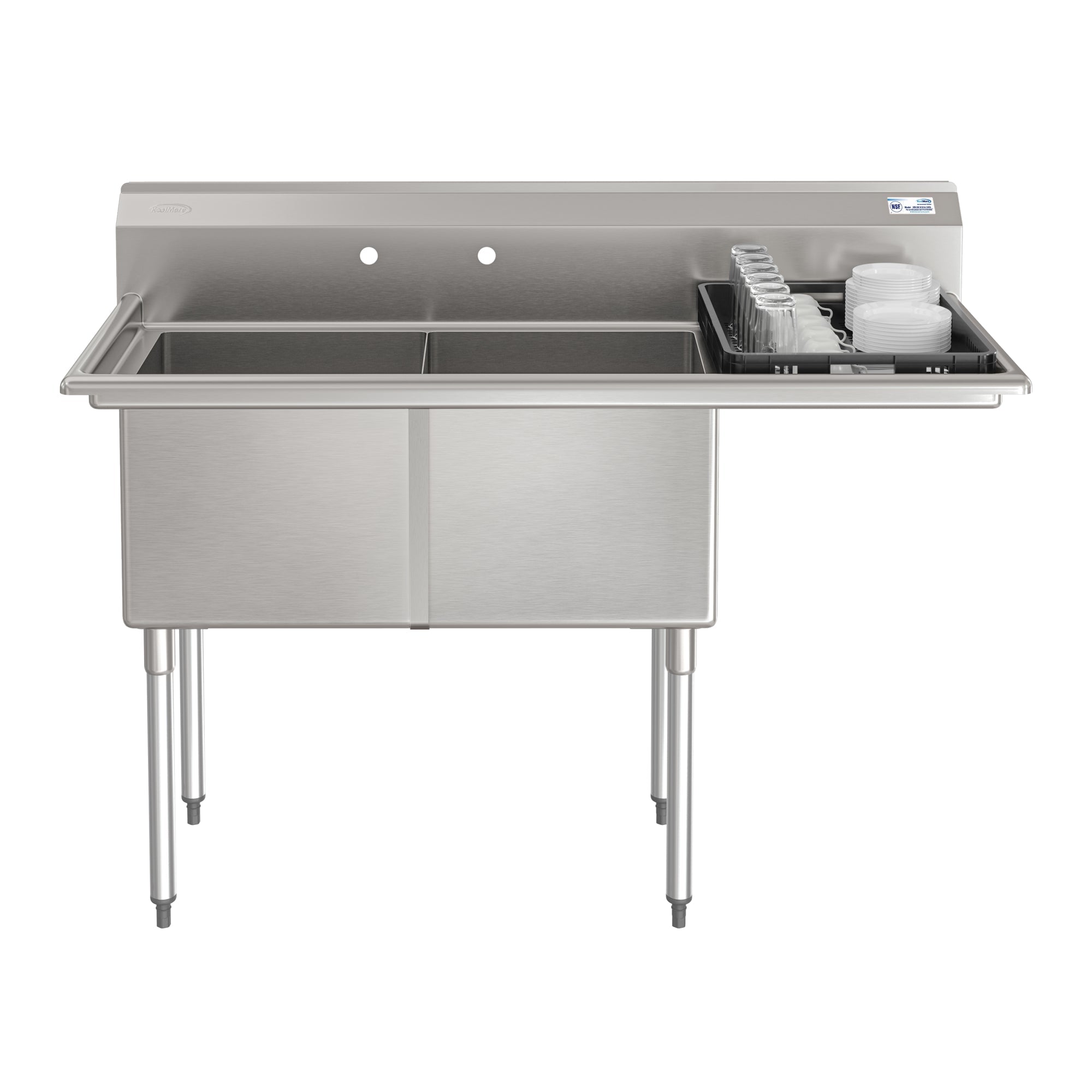KOOLMORE 57 in. 18-Gauge 2-Compartment Commercial Sink with Backsplash and 18 in. Right Drainboard, Bowl Dimensions 18"x18"x14" in Stainless-Steel  - KM-SB181814-18R3