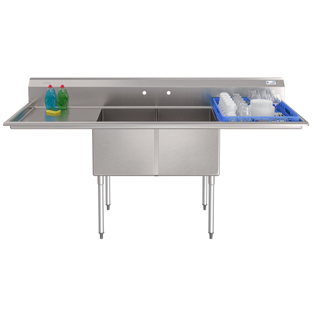 KOOLMORE 84 in. 18-Gauge 2-Compartment Commercial Sink with Backsplash and 24 in. Dual Drainboards, Bowl dimensions 18"x24"x14" in Stainless-Steel  - KM-SB182414-24B3