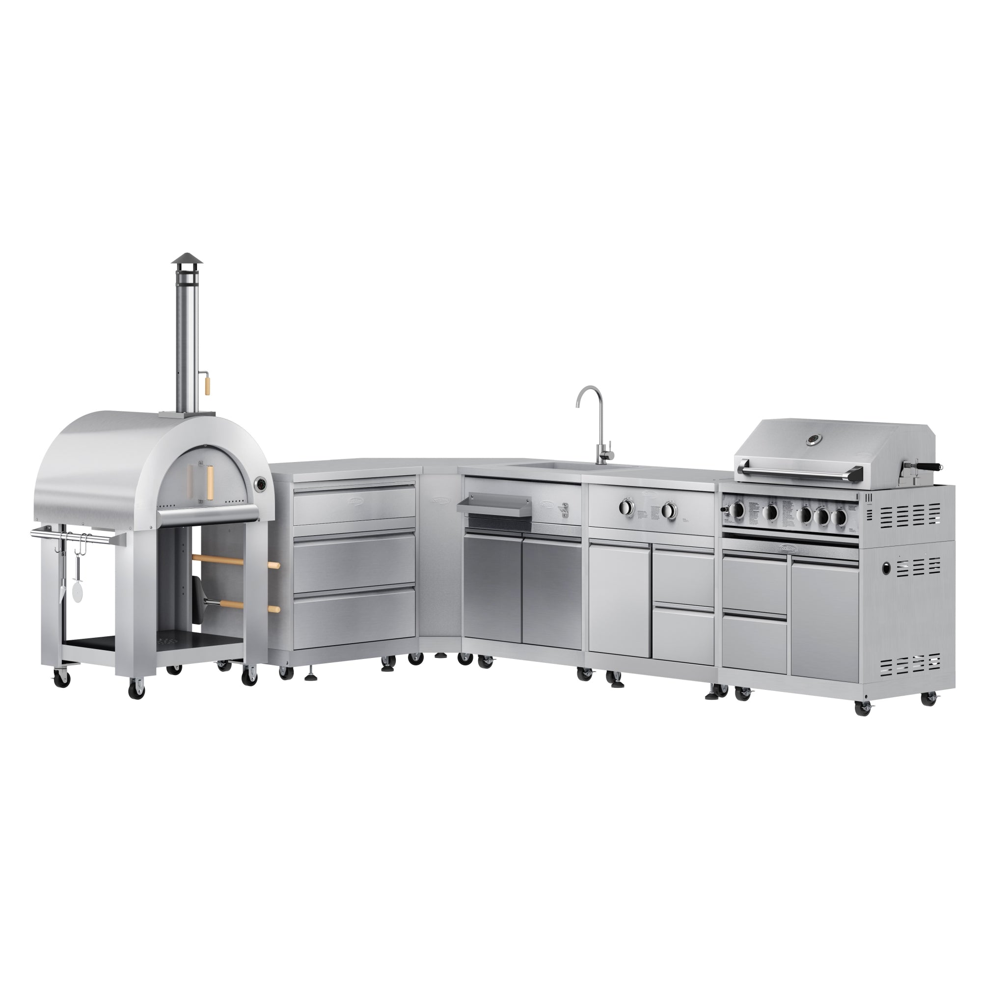 KOOLMORE KoolMore Outdoor Kitchen Series Modular Kitchen with a Wood fire Pizza Oven, 3 Drawer Cabinet, Corner Cabinet, Sink, Side Burner, 30 in. BBQ Grill and Cabinet in Stainless-Steel  - KMOKSKITCONFIG110