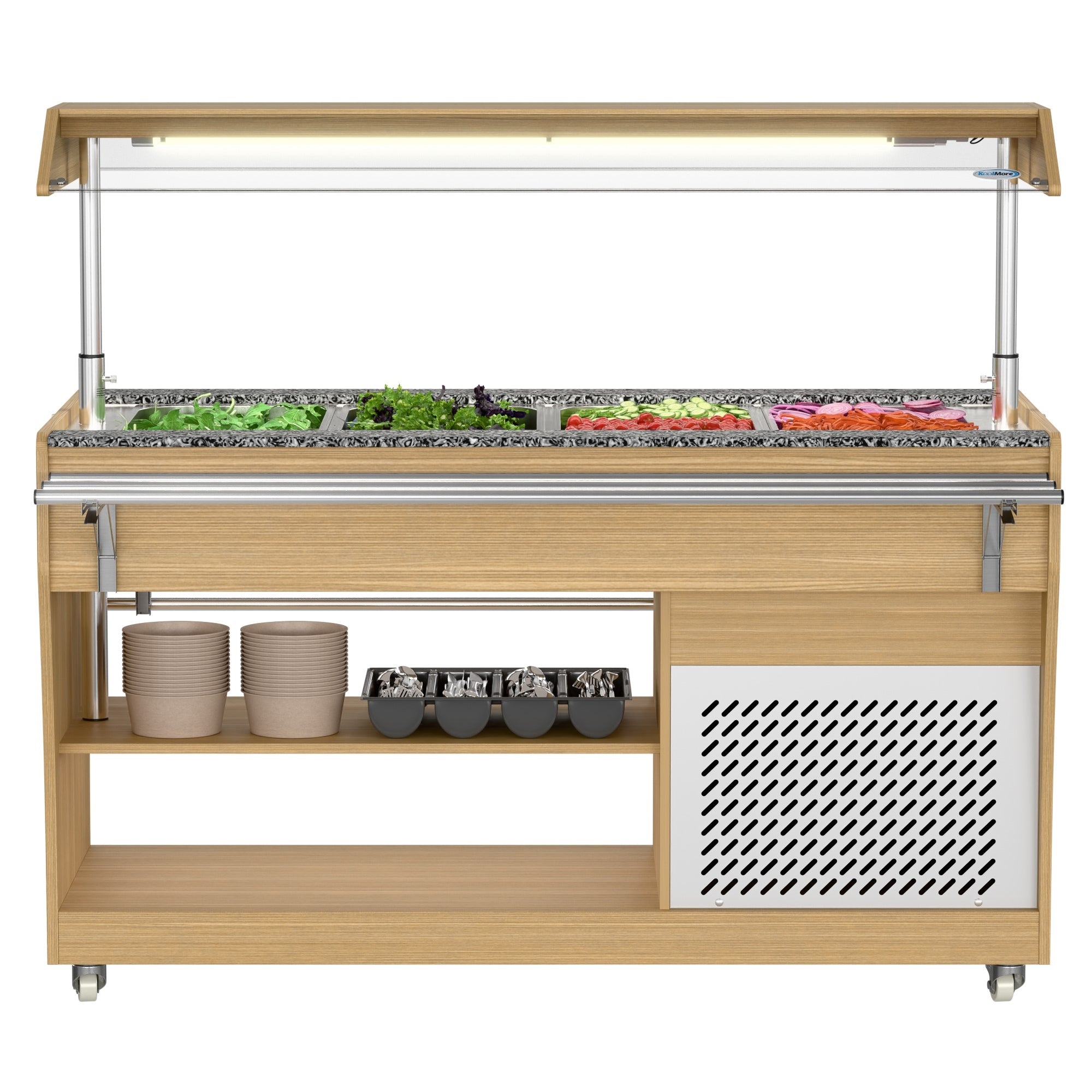 KOOLMORE 59 in. Commercial Refrigerated Buffet Table with Capacity for 4 Full-Size GN Pans, Featuring Adjustable Cover, a Serving Rail and 4 Lockable Casters in Wooden Finish  - KM-RBT-54ACS