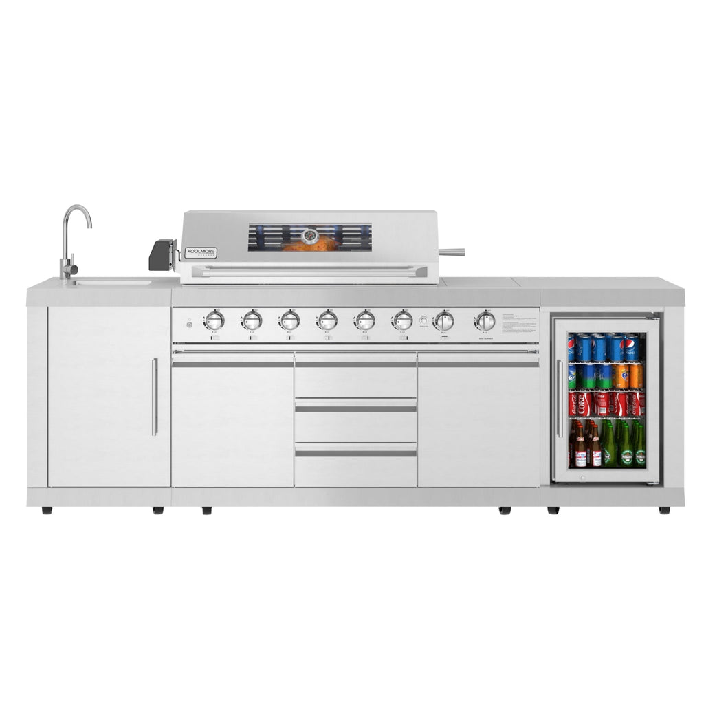 KOOLMORE KoolMore Reserve Outdoor Kitchen Island with 6 Burner Grill and Side Burner, Sink, Storage Cabinet and Beverage Refrigerator in Stainless-Steel - KMOKSBQHUB