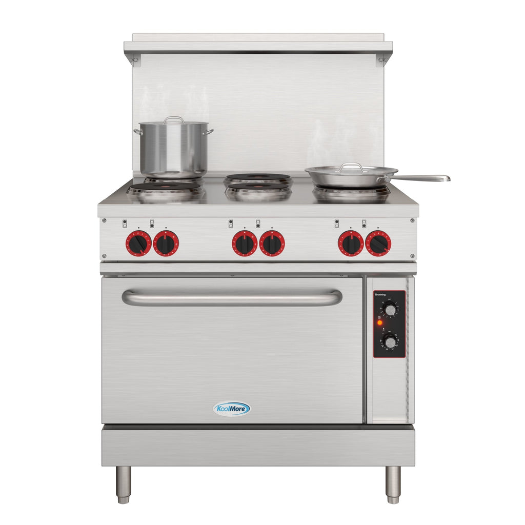 KOOLMORE 36 In. Commercial Electric Range with 6 Burners and 1 Standard Electric Oven in Stainless Steel - 208V 3 Phase - KMCR36E