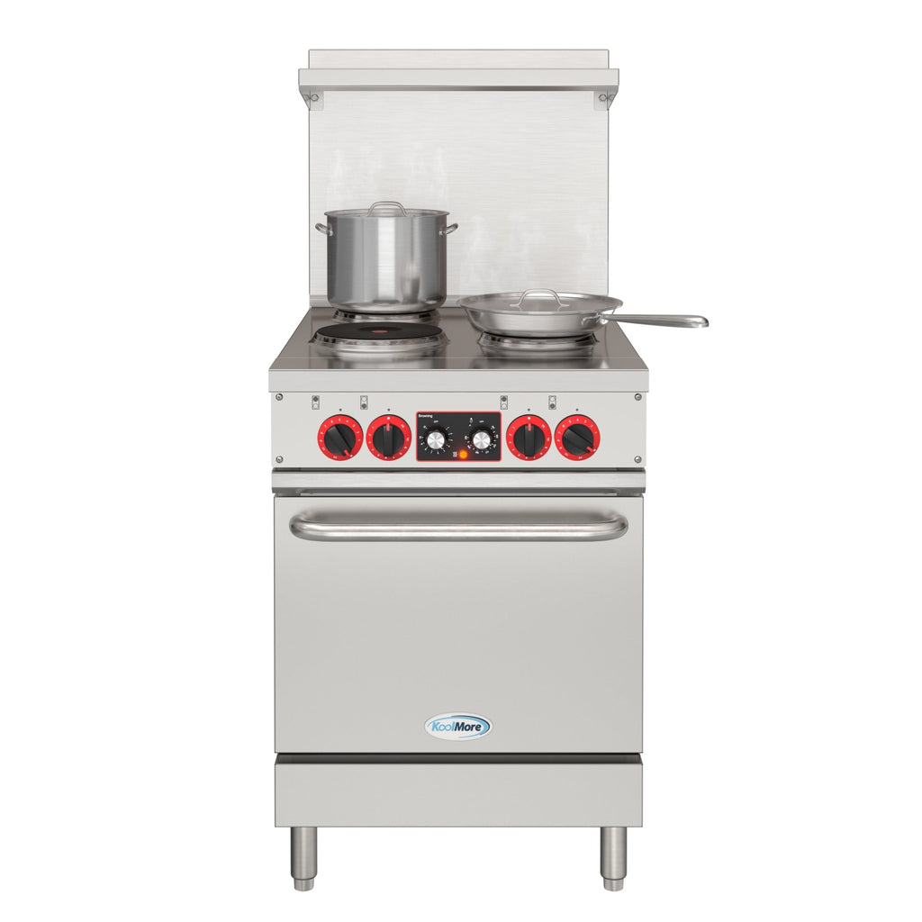 KOOLMORE 24 In. Commercial Electric Range with 4 Burners and 1 Standard Electric Oven in Stainless Steel - 208V 3 Phase - KMCR24E