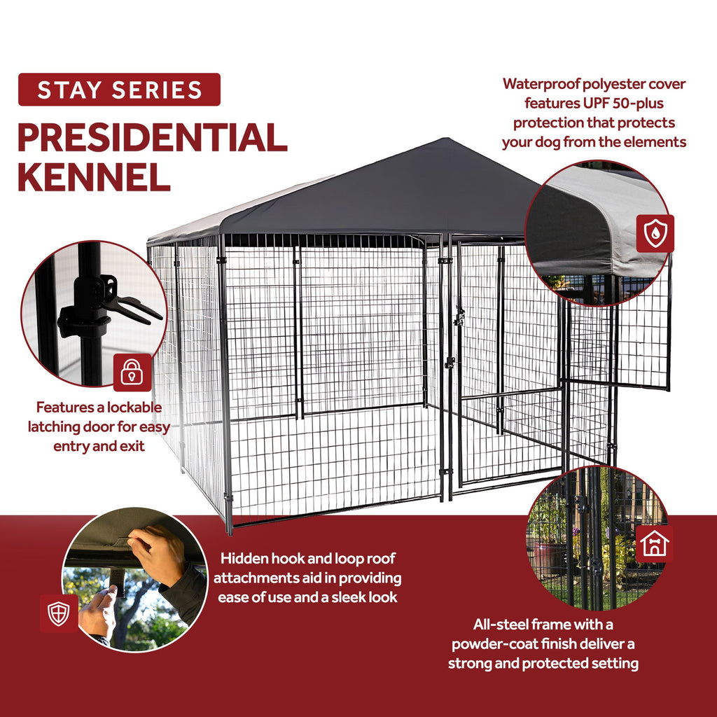 Lucky Dog STAY Series 10 x 10 x 6 Foot Roofed Steel Frame Dog Kennel, Grey - 265230