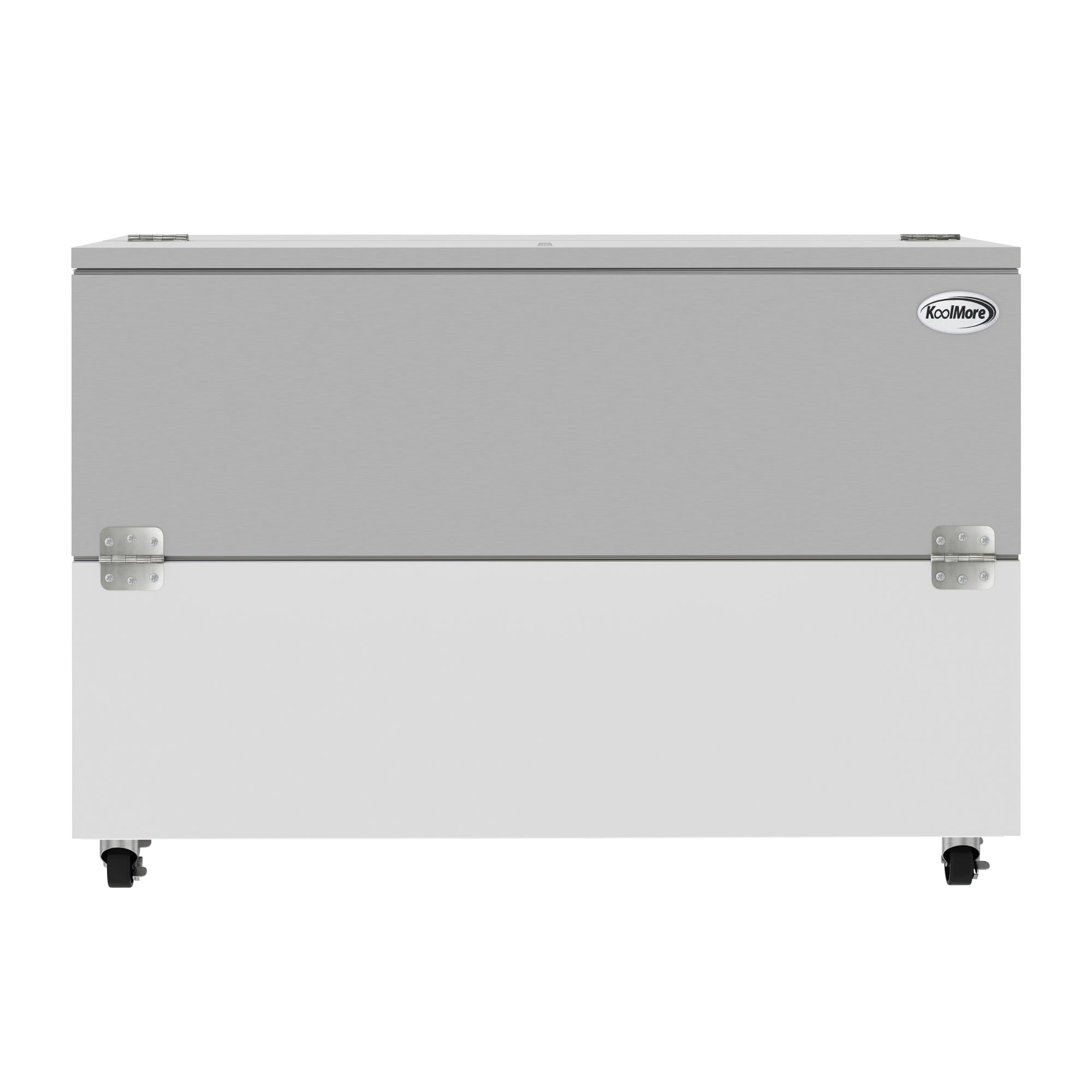 KOOLMORE 58 in. Commercial Milk Cooler for School and Cafeteria, 16 Crate Capacity with Heavy Duty Casters in Stainless Steel and White  - KMMC58HDC