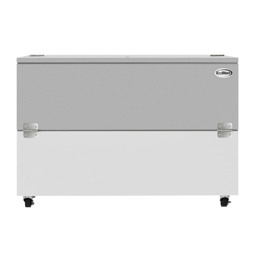 KOOLMORE 58 in. Commercial Milk Cooler for School and Cafeteria, 16 Crate Capacity with Heavy Duty Casters in Stainless Steel and White  - KMMC58HDC