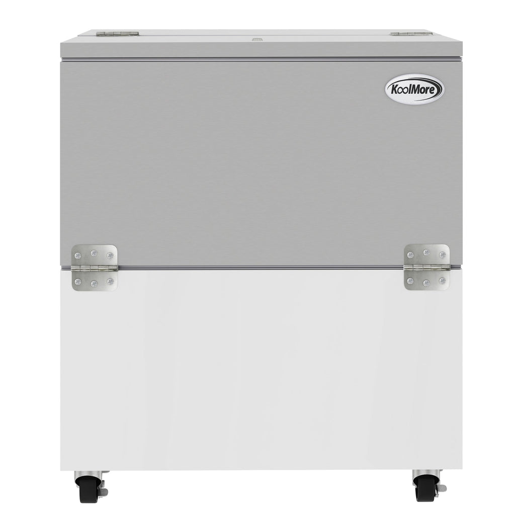 KOOLMORE 34 in. Commercial Milk Cooler for School and Cafeteria, 8 Crate Capacity with Heavy Duty Casters in Stainless Steel and White  - KMMC34HDC