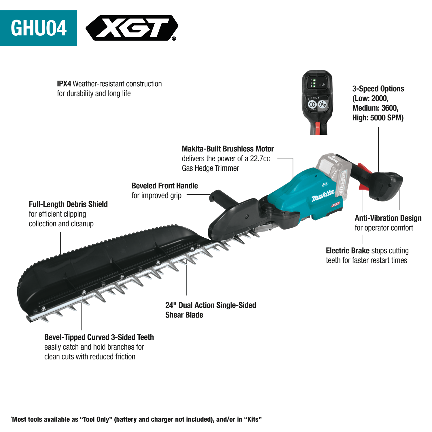 Makita GHU04Z 40V max XGT Brushless Cordless 24" Single‑Sided Hedge Trimmer (Tool Only)