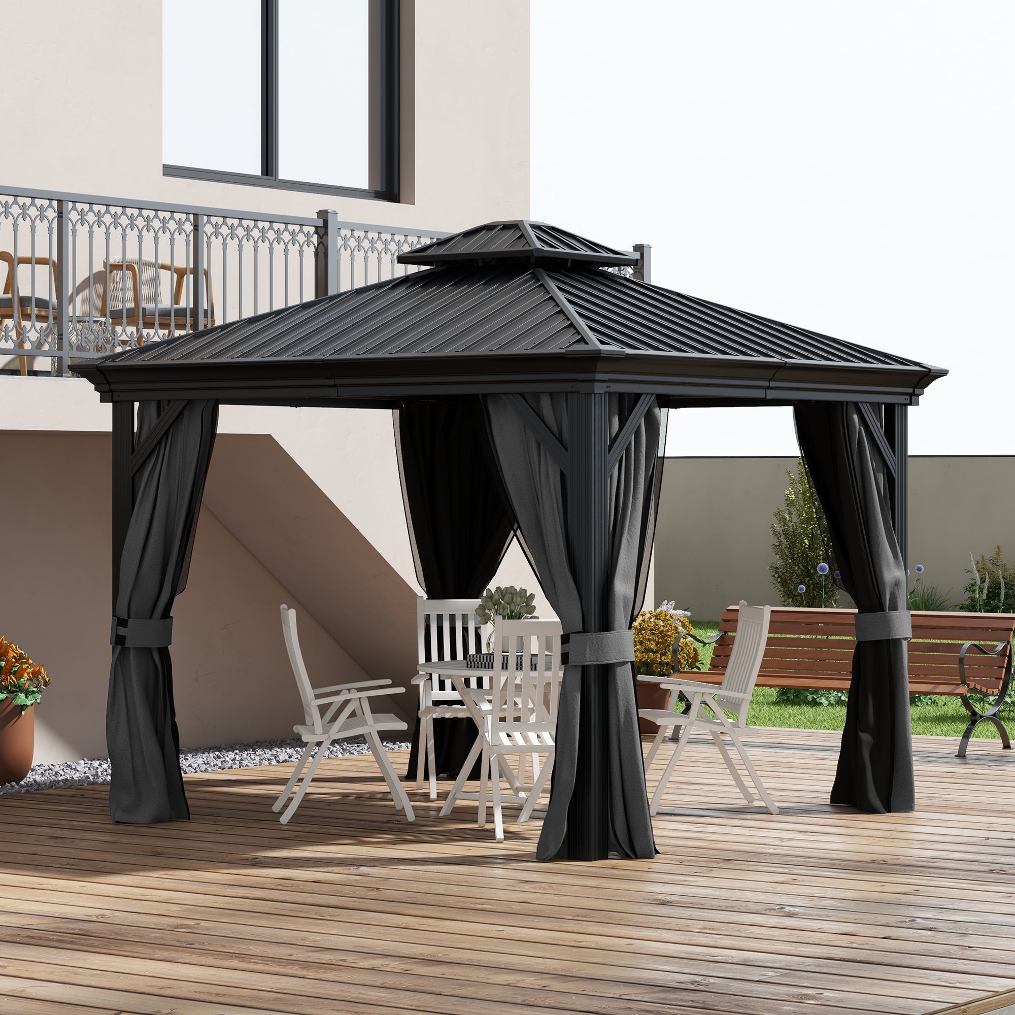 Outsunny 10' x 10' Hardtop Pavilion Gazebo with Curtains, Nettings, Aluminum Frame, Hooks, Light Gray - 84C-204V05LG