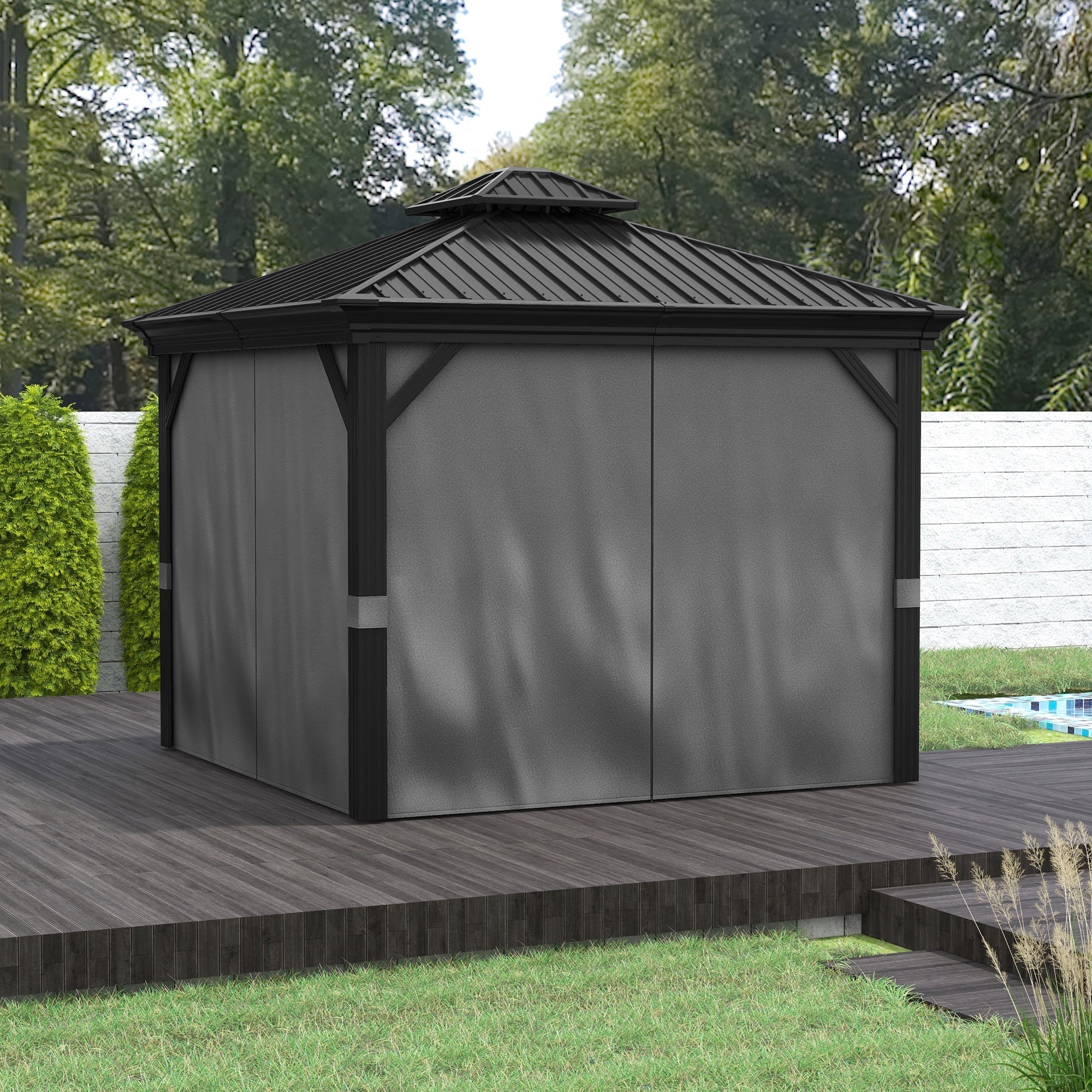 Outsunny 10' x 10' Hardtop Pavilion Gazebo with Curtains, Nettings, Aluminum Frame, Hooks, Light Gray - 84C-204V05LG