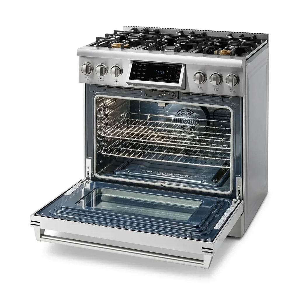 Thor Kitchen Appliance Package - 36 In. Gas Range, Range Hood, Refrigerator with Water and Ice Dispenser, Dishwasher,AP-TRG3601-C-7
