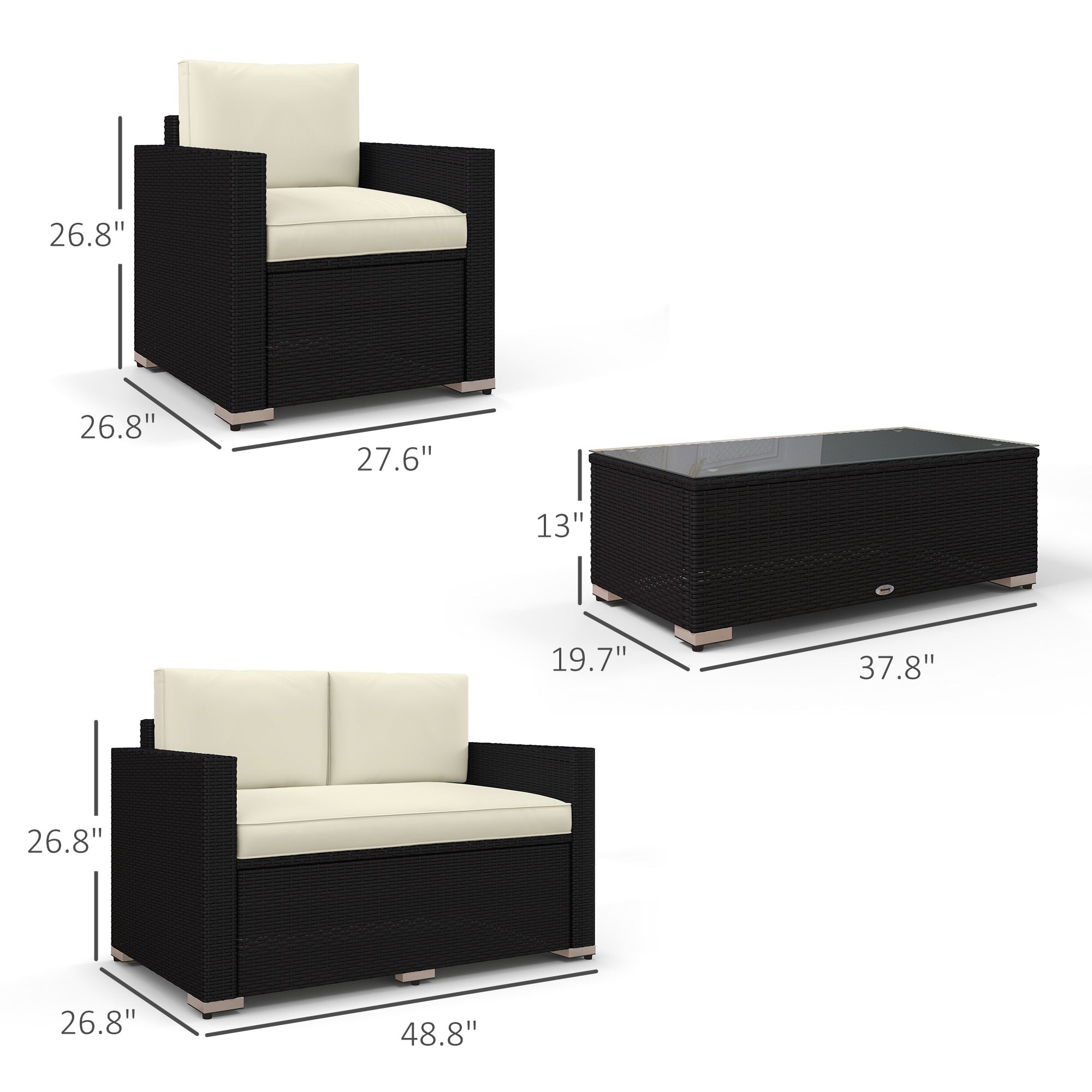 Outsunny 4-Piece Rattan Patio Sofa Set with Loveseat & Glass Coffee Table, Cream - 841-086V02CW