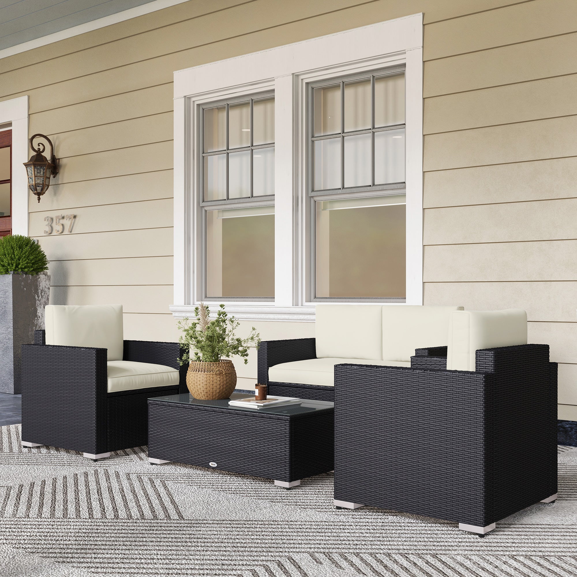 Outsunny 4-Piece Rattan Patio Sofa Set with Loveseat & Glass Coffee Table, Cream - 841-086V02CW