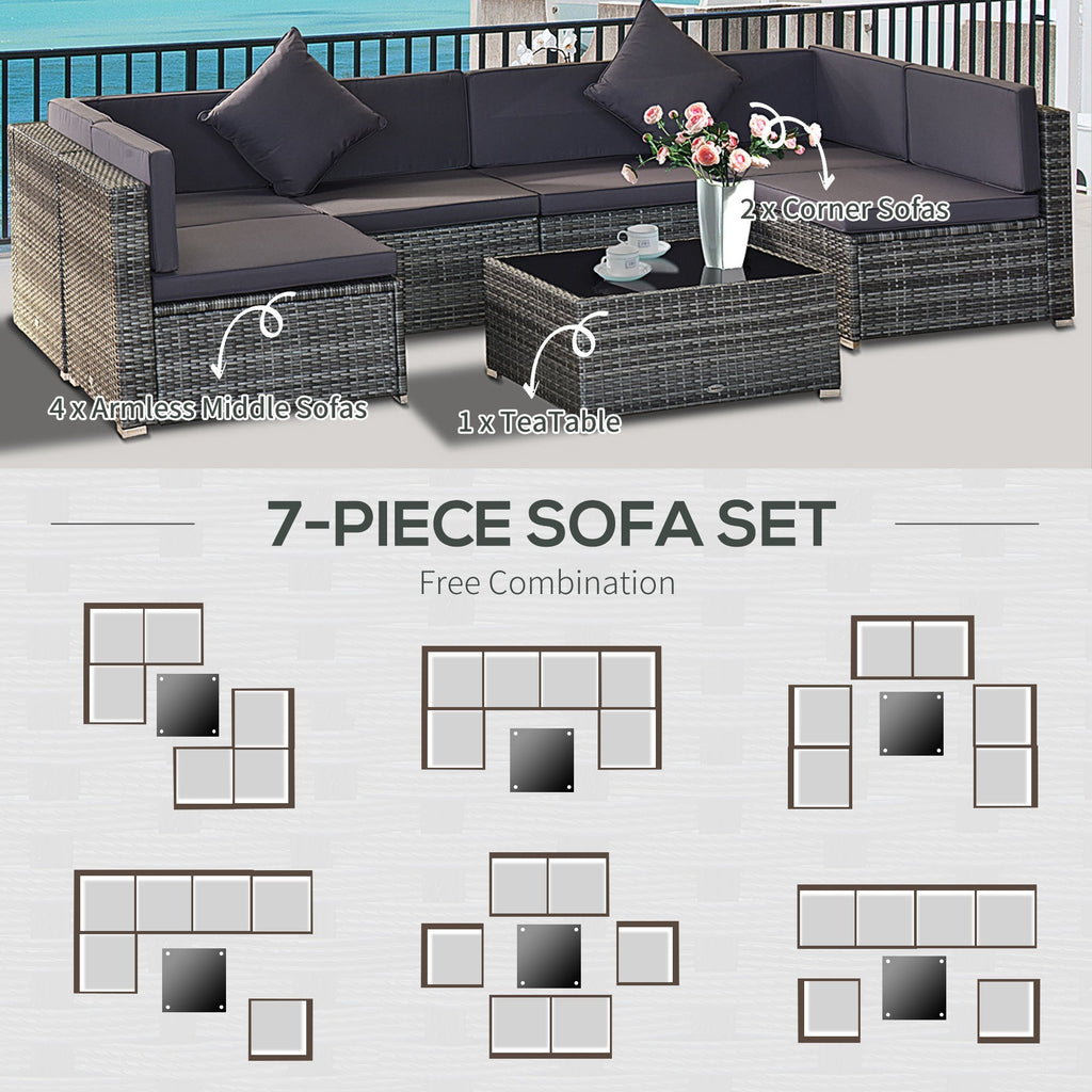 Outsunny 7-Piece All-Weather PE Rattan Sectional Sofa Set with Cushions & Glass Table, Gray - 860-020V01GY