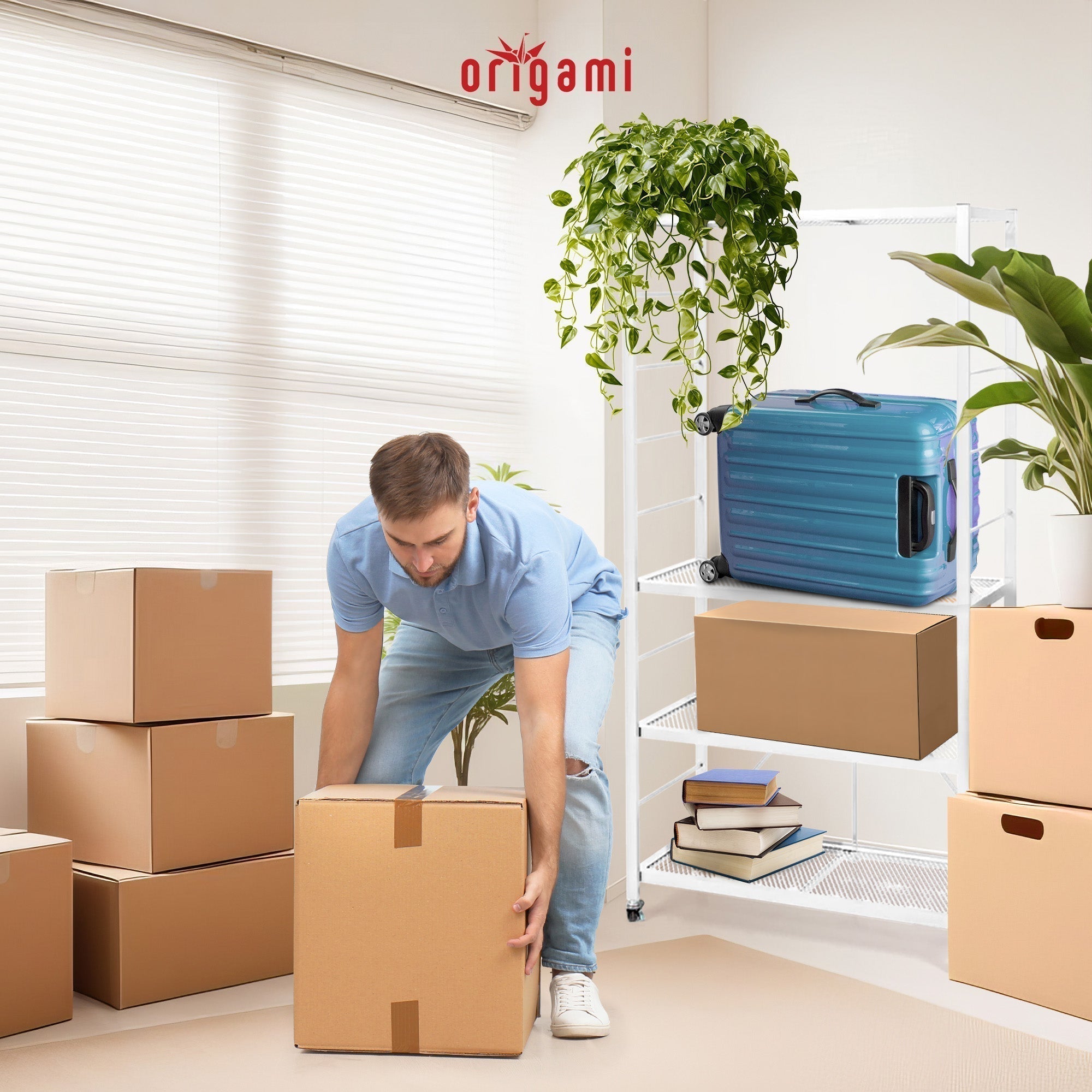 Origami 4 Pack Folding Steel Storage Rack, Adjustable Shelves, R2 Series, White - 415218