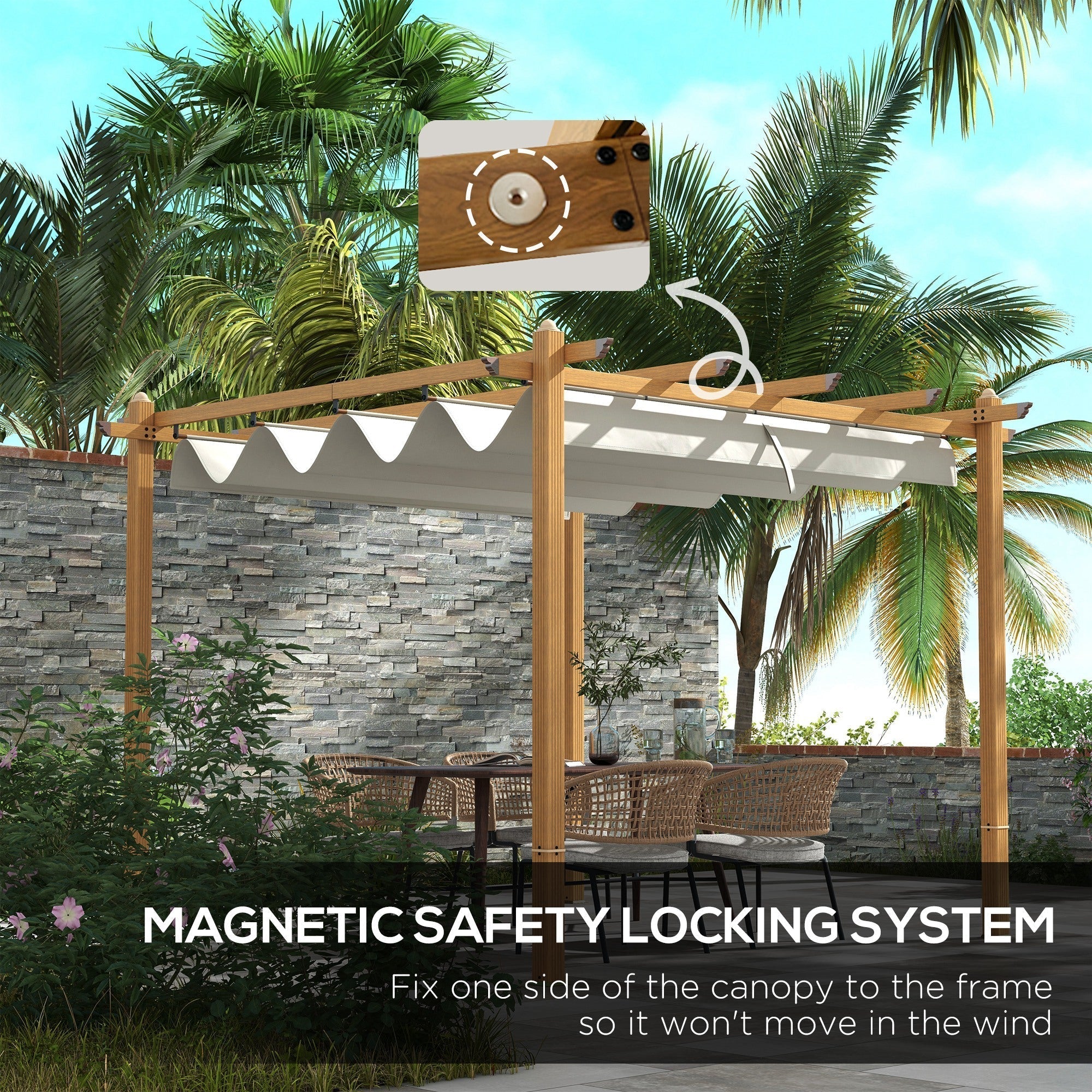 Outsunny 10' x 12' Retractable Pergola Canopy, Wood Grain Aluminum Frame, for Outdoor Shade Shelter, Cream - 84C-472V01ND