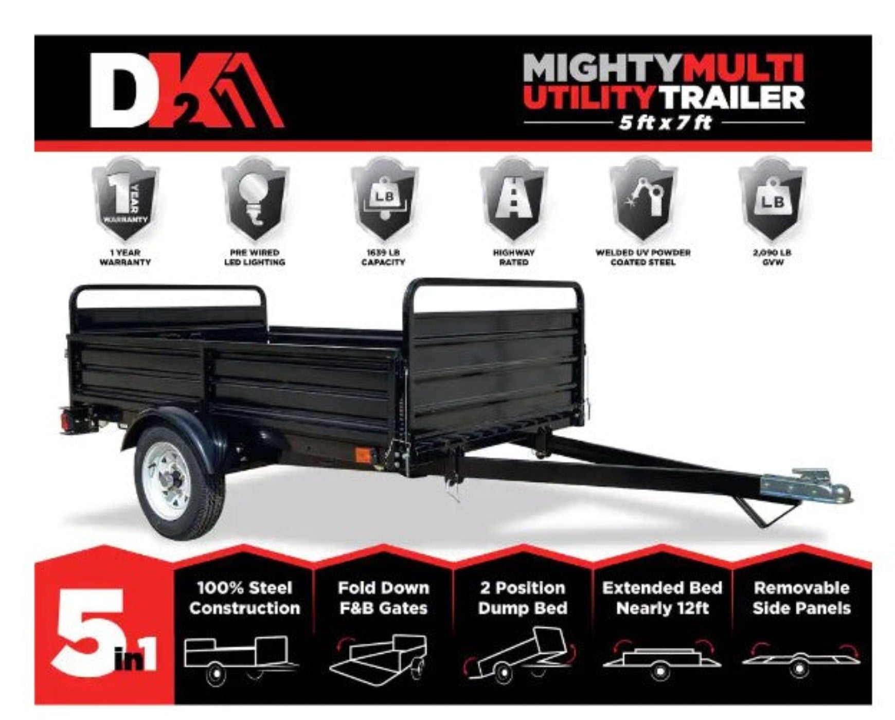 DK2 MMT5X7 1639 lb. Capacity 4.5 ft. x 7.5 ft. Extendable 12 ft Bed Trailer Kit New - MMT5X7