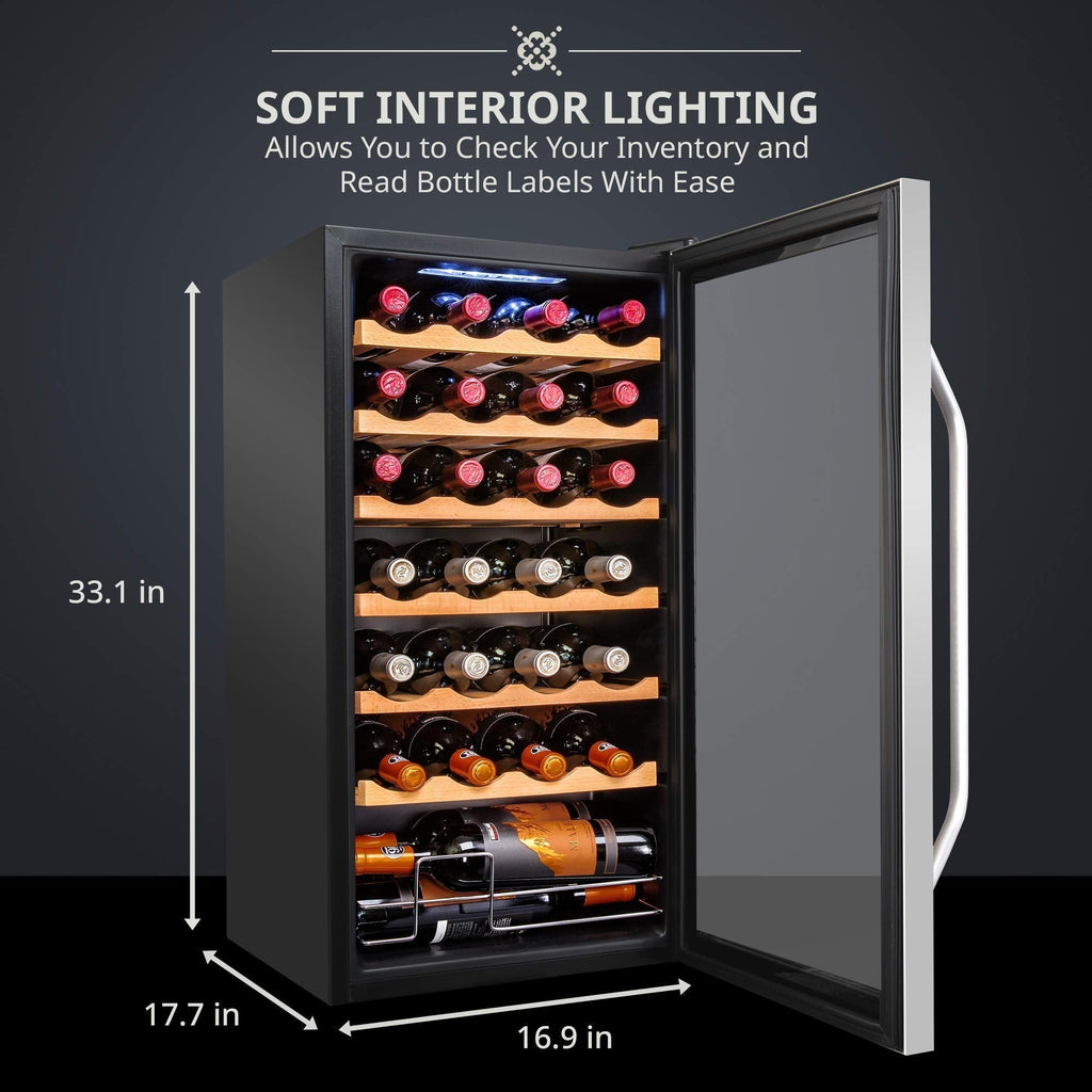 Ivation 28 Bottle Compressor Wine Refrigerator, Freestanding Wine Cooler with Lock, Stainless Steel - IVFWCC281LWSS