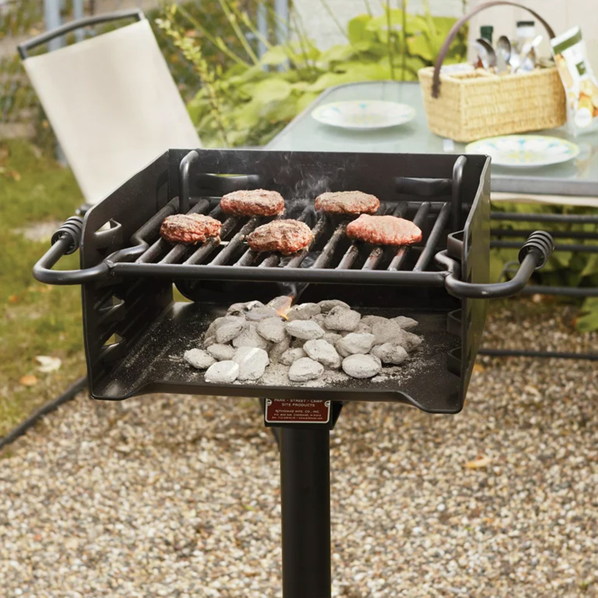 Pilot Rock Park Style Steel Outdoor BBQ Charcoal Grill and Post, Black (3 Pack) - 404010