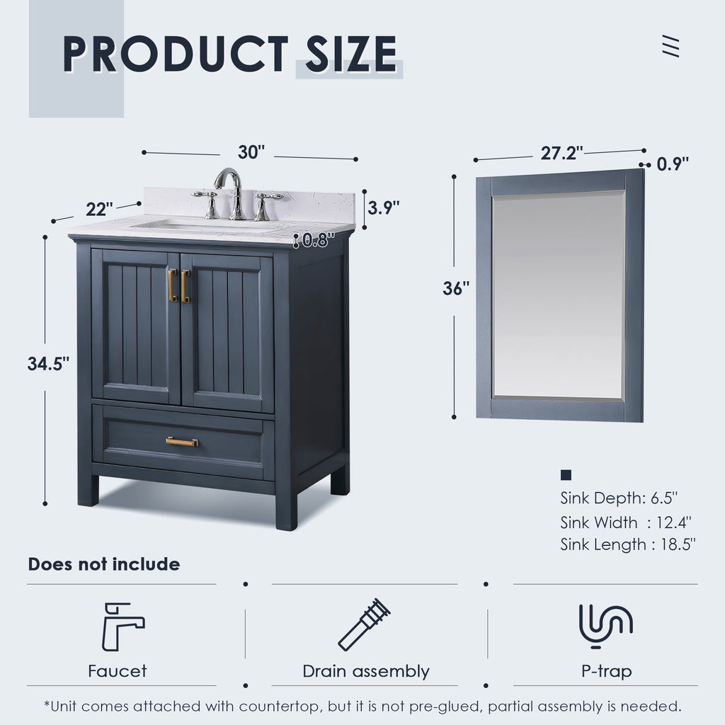 Altair Designs 30" single vanity with top - 538030-WH-CA-NM