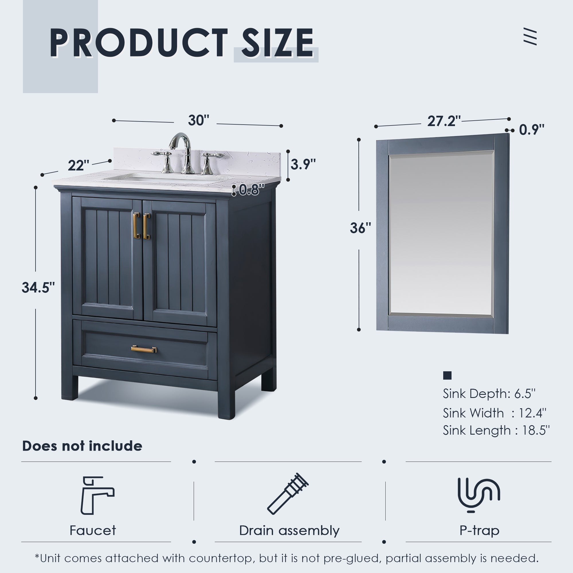 Altair Designs 30" single vanity with top - 538030-WH-CA-NM