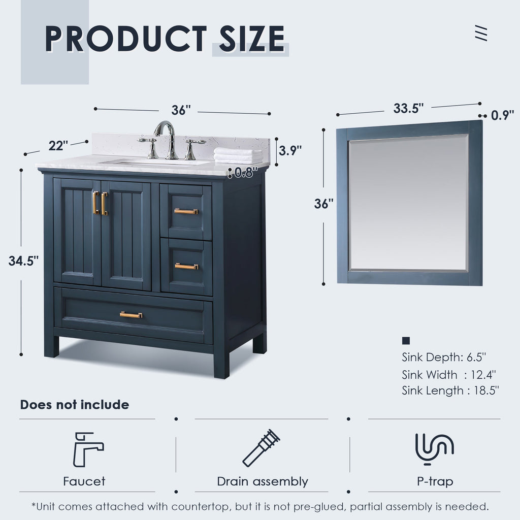 Altair Designs 36" single vanity with top - 538036-WH-CA-NM