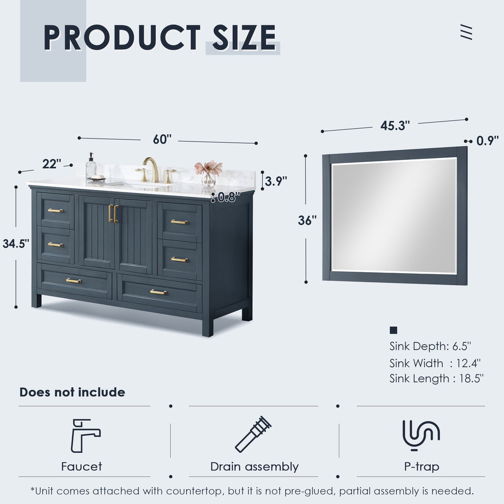 Altair Designs 60" single vanity with top - 538060S-WH-AW-NM