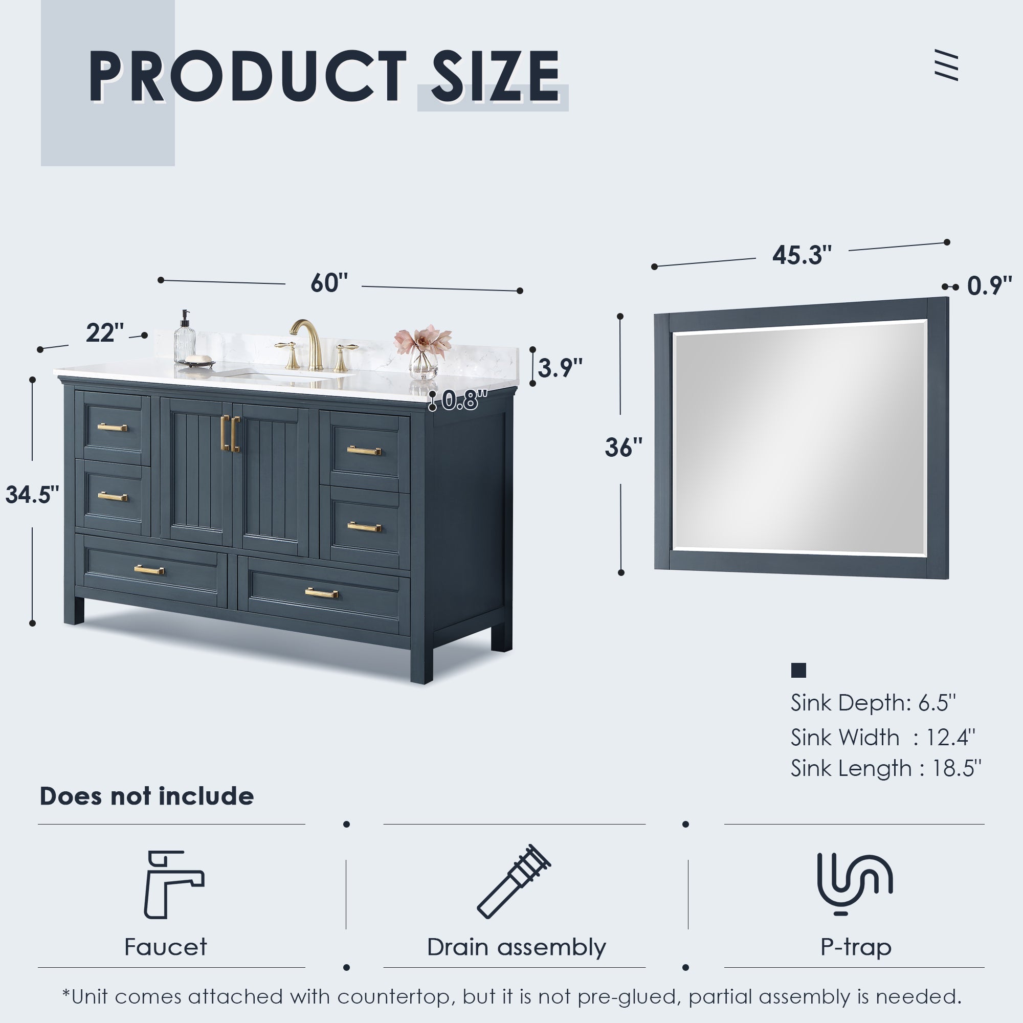 Altair Designs 60" single vanity with top - 538060S-WH-AW-NM