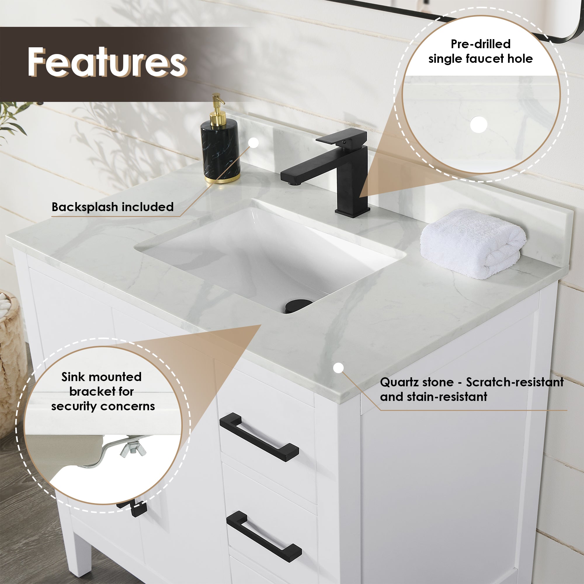 Altair Designs Laurel 36" single vanity with top - 558036-WF-CWQ-NM