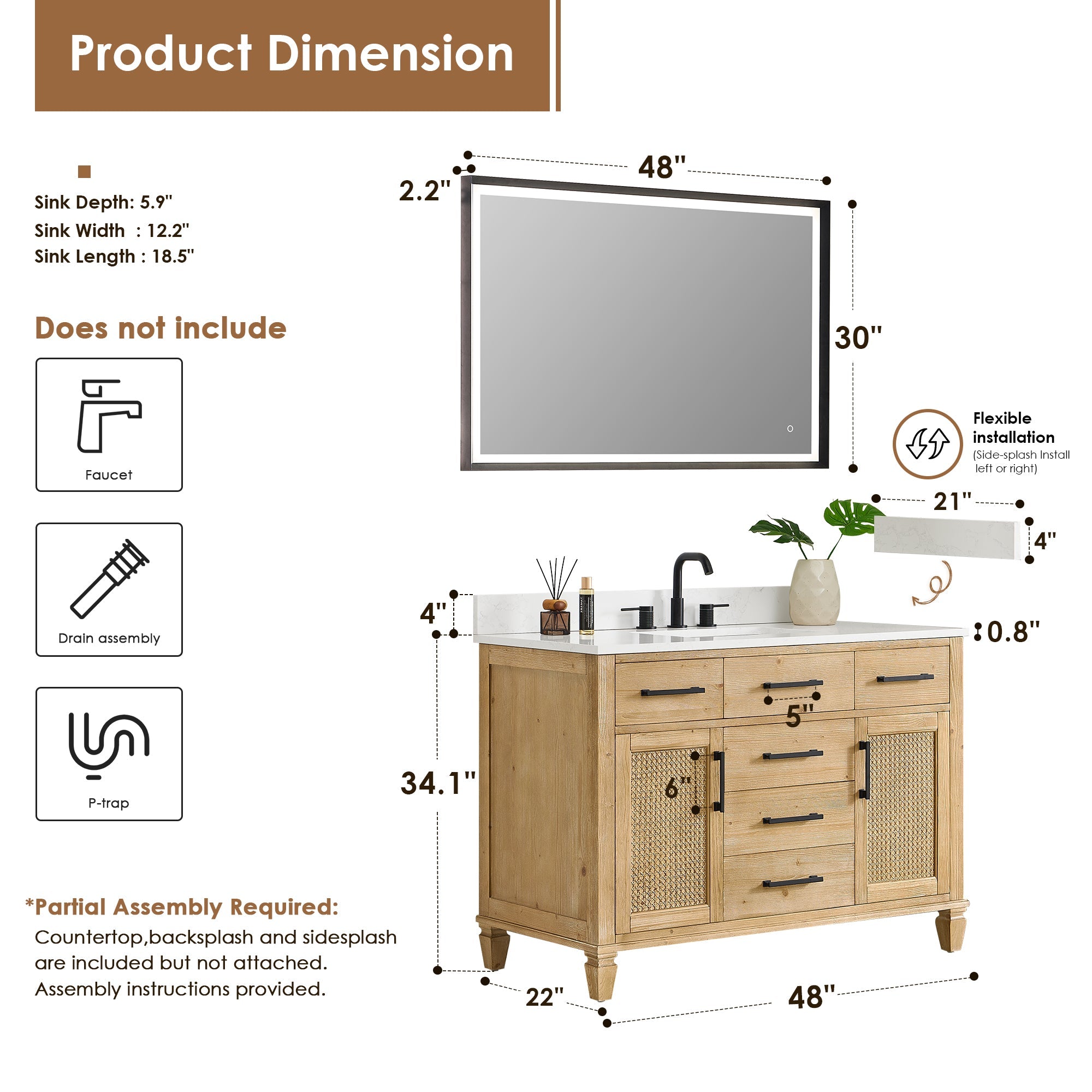 Altair Designs Salome 36"/48"/60"/72"/84" single/double vanity with top - 571036-WF-GW-NM