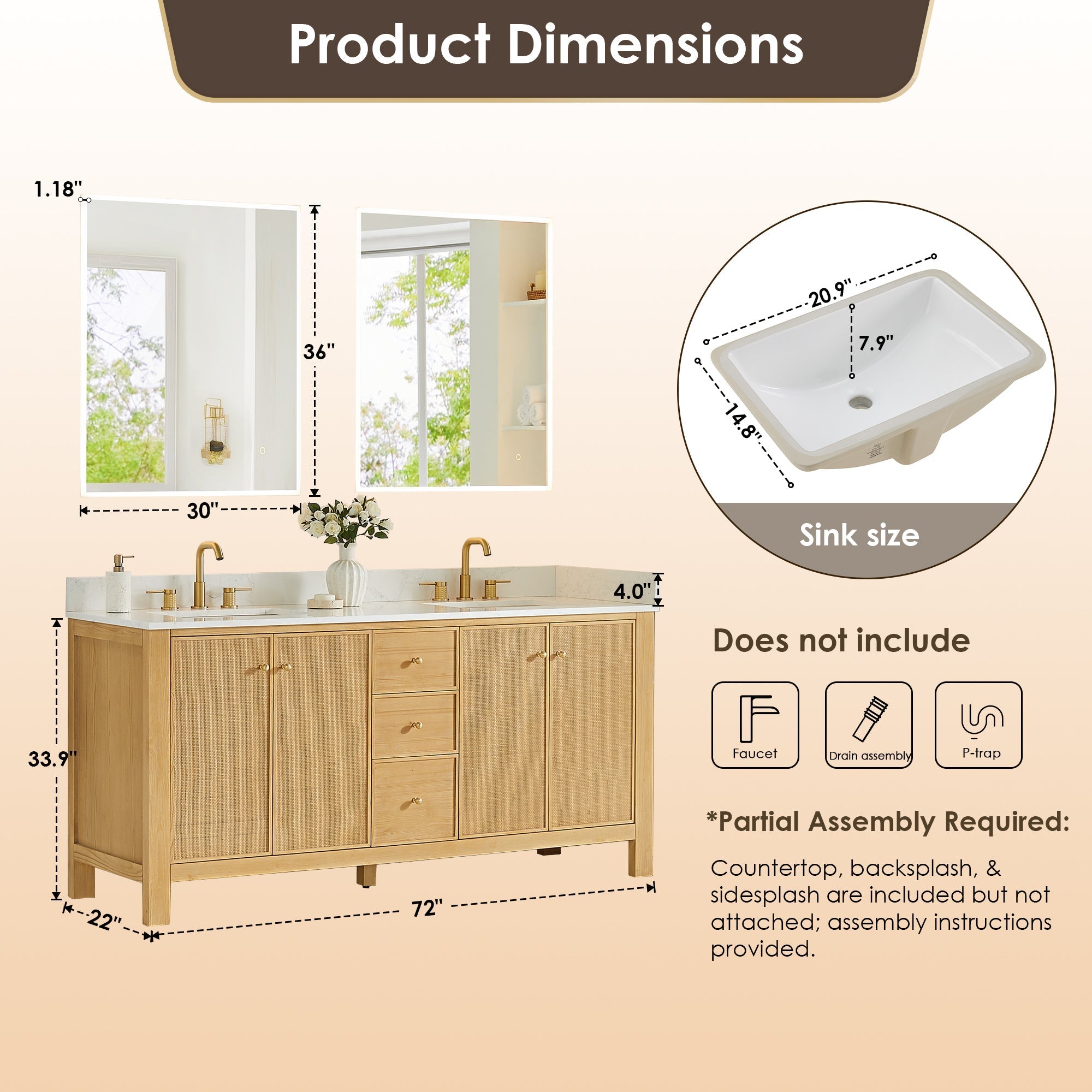 Altair Designs Cedar 36"/48"/60"/72" single/double vanity with top - 576036-NW-GW-NM