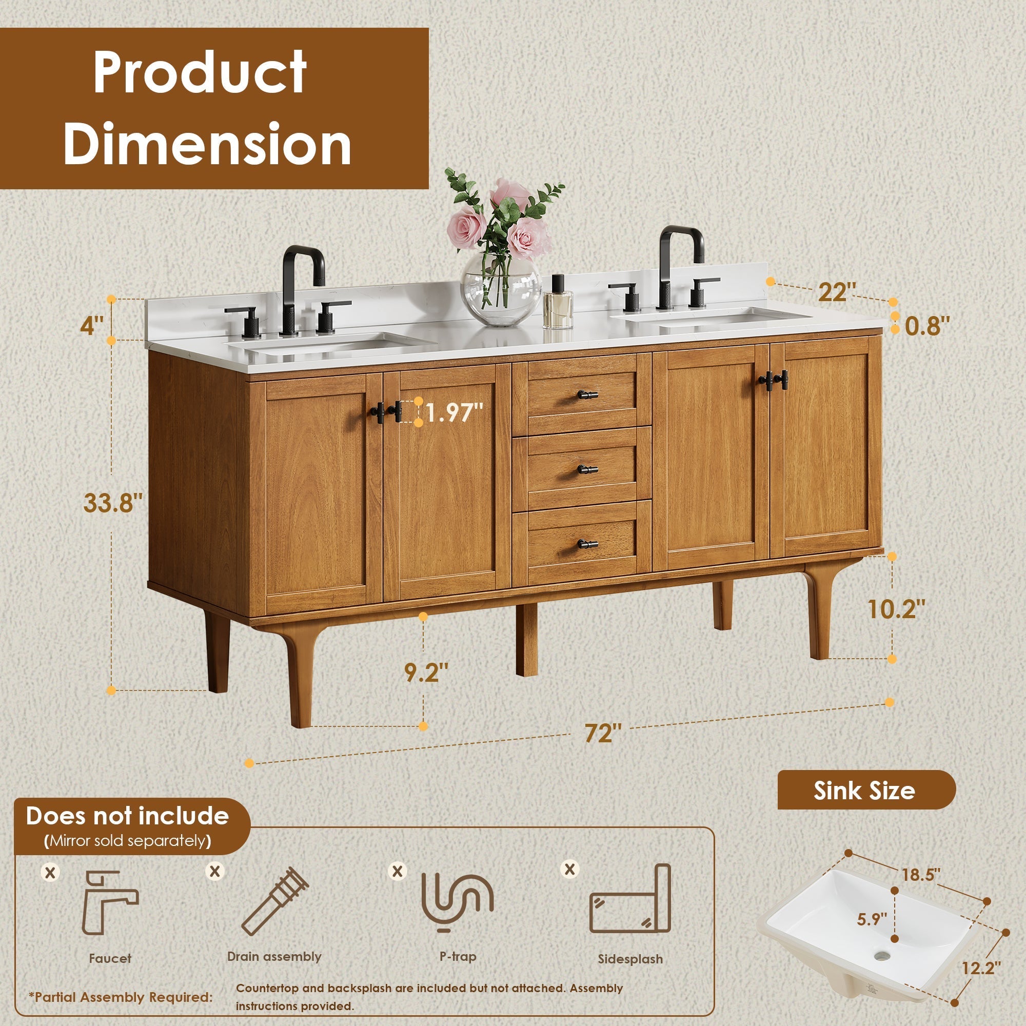Altair Designs Orasia 36"/48"/60"/72" single/double vanity with top - 595036-MB-CMQ-NM