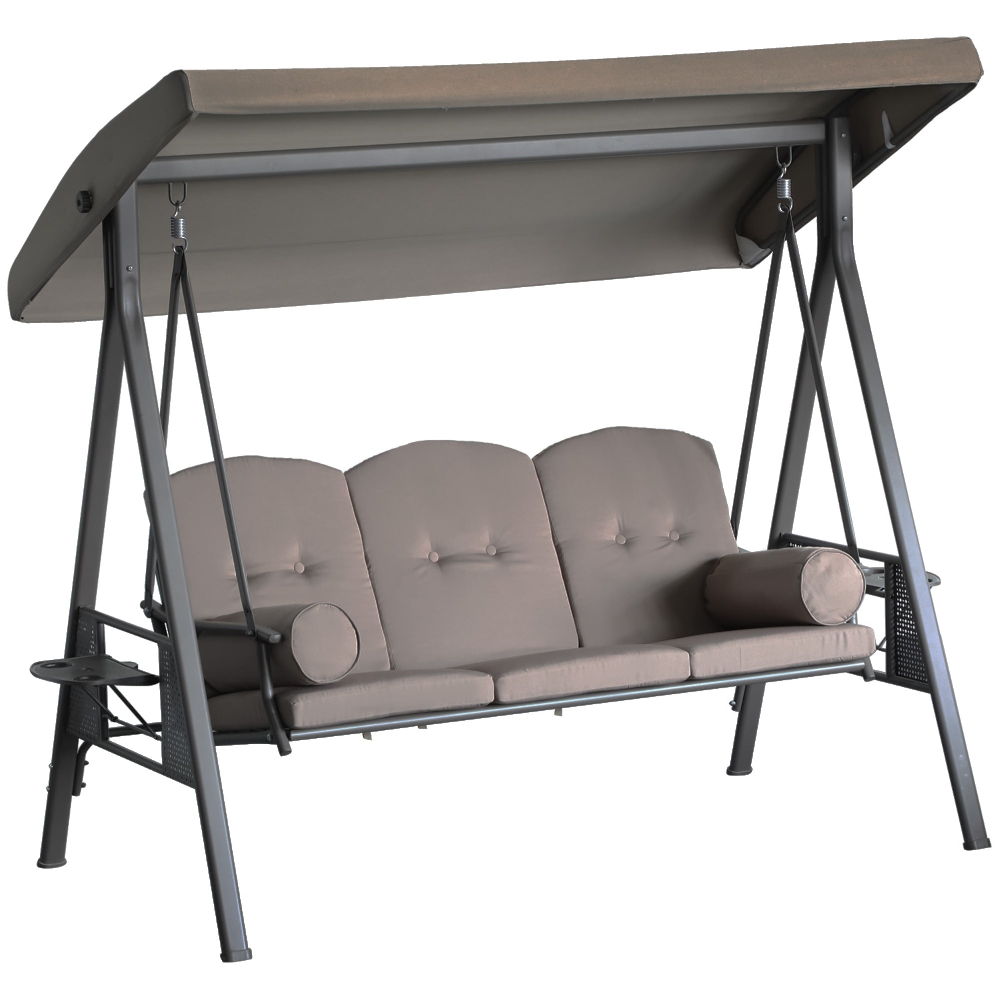 3-Seat Patio Swing Chair with Adjustable Canopy, Removable Cushion & Side Trays, Brown - 84A-068BN
