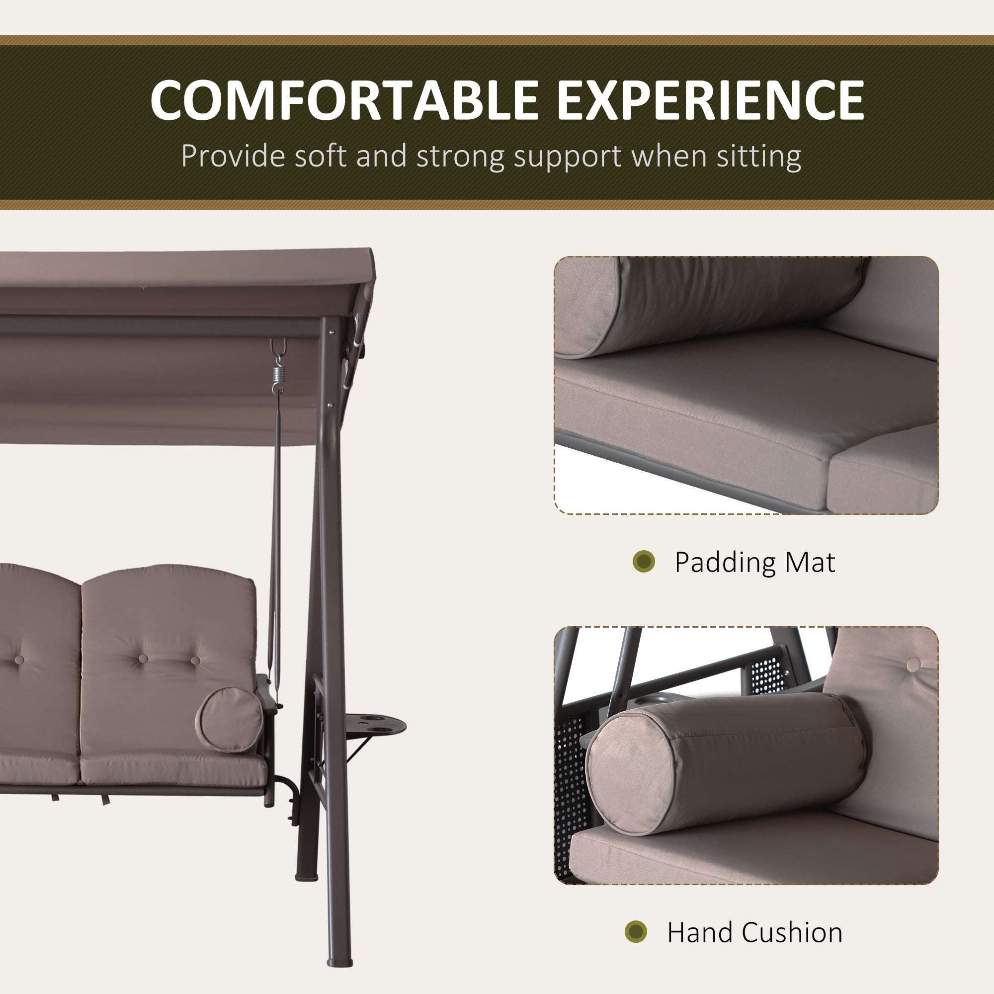 3-Seat Patio Swing Chair with Adjustable Canopy, Removable Cushion & Side Trays, Brown - 84A-068BN
