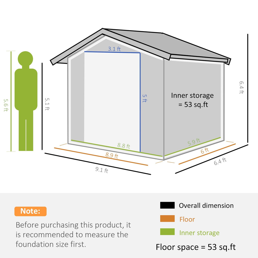 Outsunny EverBase 9' x 6' Outdoor Storage Shed with Foundation Kit, Double Lockable Door & Air Vents, Gray - 845-031GY