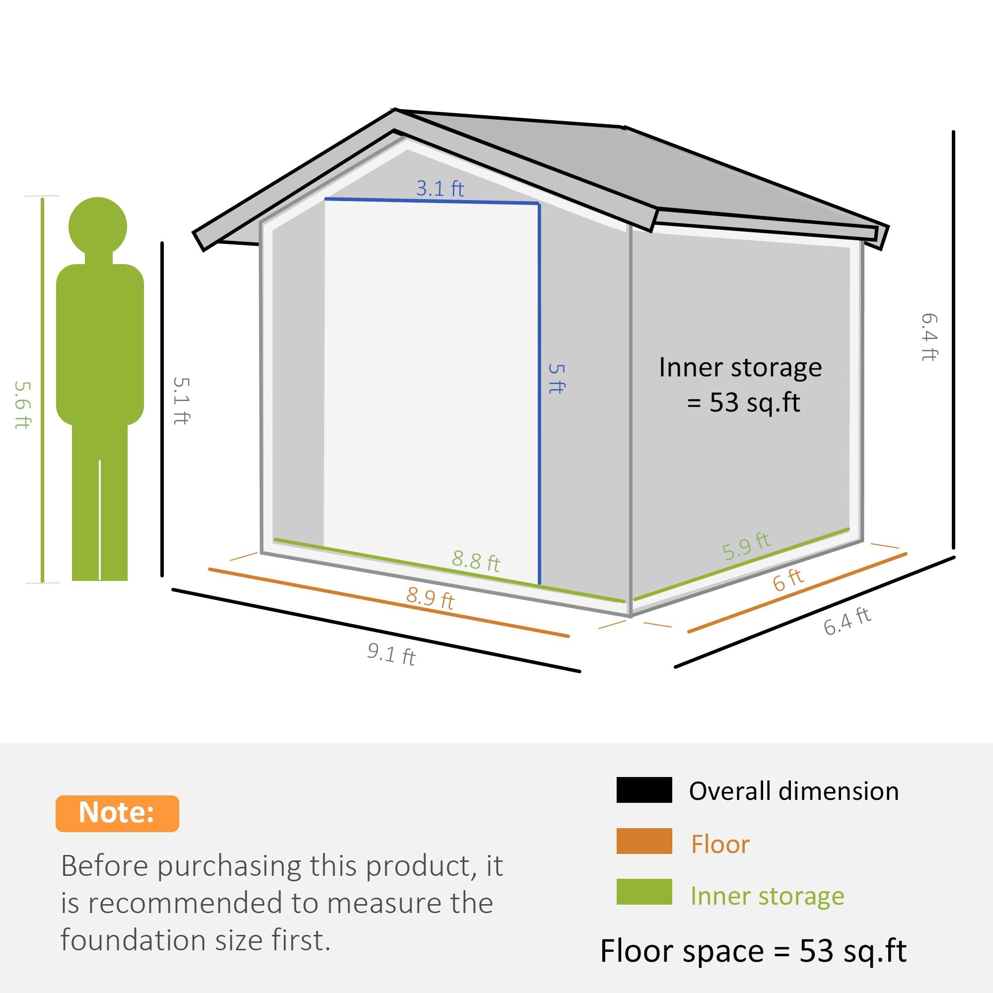 Outsunny EverBase 9' x 6' Outdoor Storage Shed with Foundation Kit, Double Lockable Door & Air Vents, Gray - 845-031GY