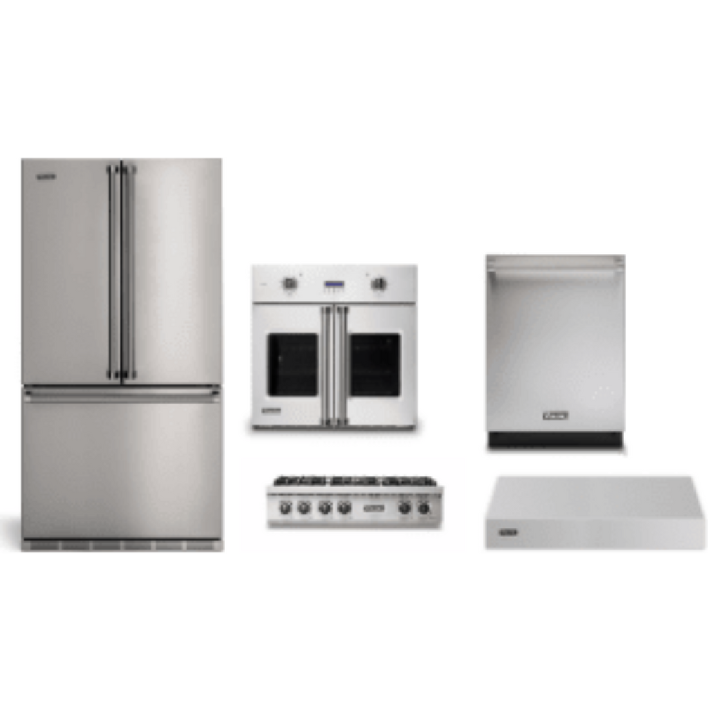 Viking 5-Piece Package 36 Counter-Depth French-Door Refrigerator and 36 Gas Rangetop and VSOF7301SS 30 Single Convection Electric Wall Oven and 24 Integrated Dishwasher and 36 Wall Mount Range Hood - RVFFR336SS