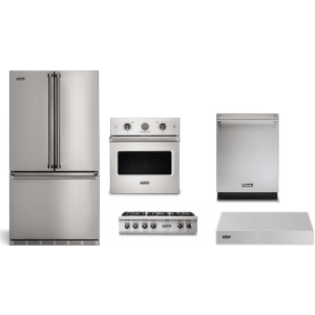 Viking 5-Piece Package 36 Counter-Depth French-Door Refrigerator and 36 Gas Rangetop and VSOE527SS 27 Single Electric Wall Oven and 24 Integrated Dishwasher and 36 Wall Mount Range Hood - RVFFR336SS