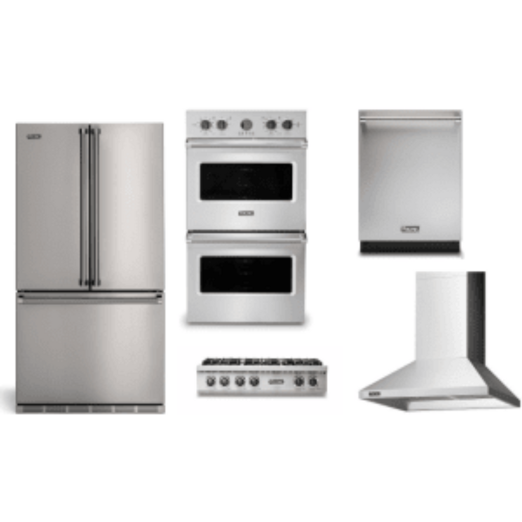 Viking 5-Piece Package 36 Counter-Depth French-Door Refrigerator and 36 Gas Rangetop and VDOE530SS 30 Double Electric Wall Oven and 24 Integrated Dishwasher and 36 Wall Mount Range Hood - RVFFR336SS