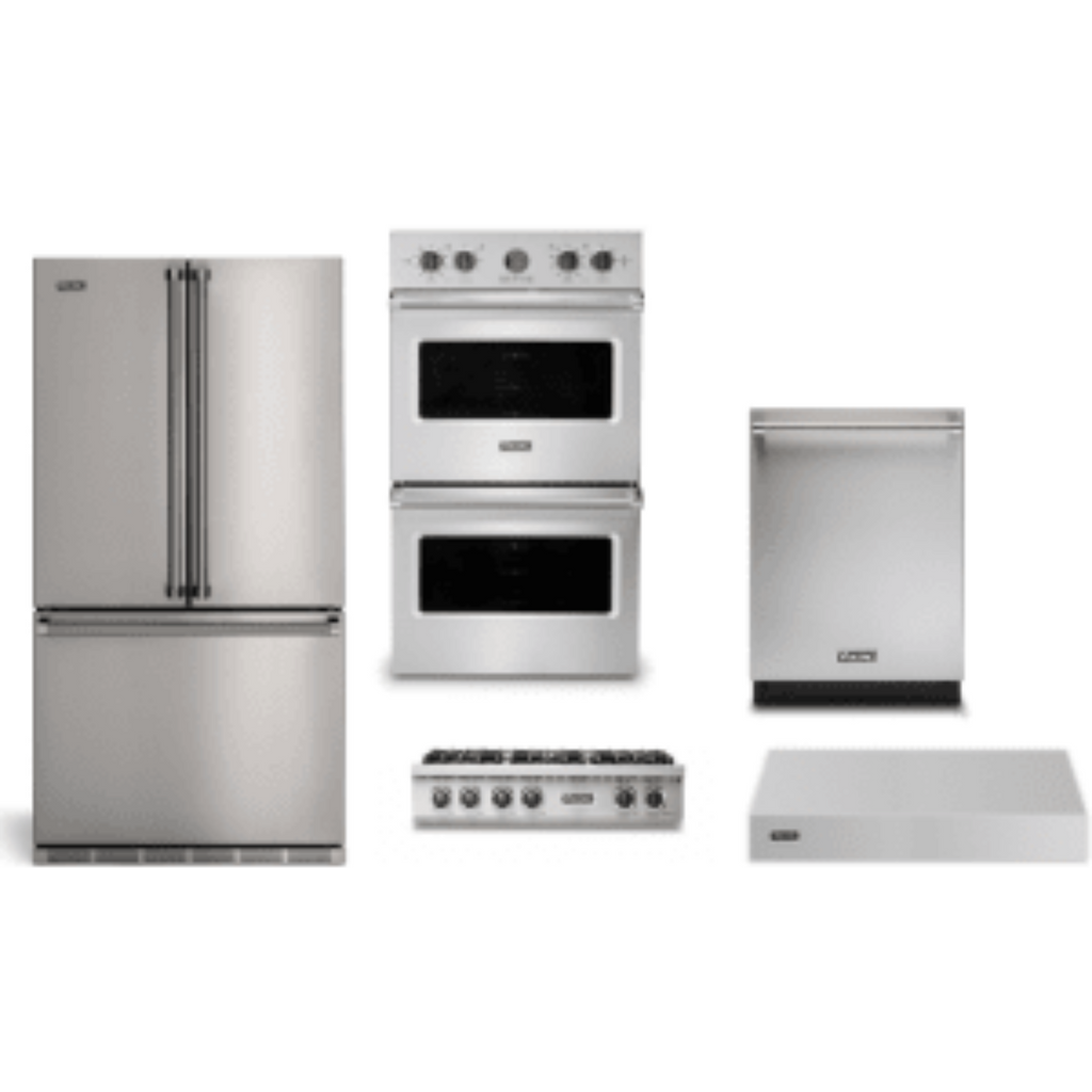 Viking 5-Piece Package36 Counter-Depth French-Door Refrigerator and 36 Gas Rangetop and 30 Double Electric Wall Oven and 24 Integrated Dishwasher and 36 Wall Mount Range Hood - RVFFR336SS