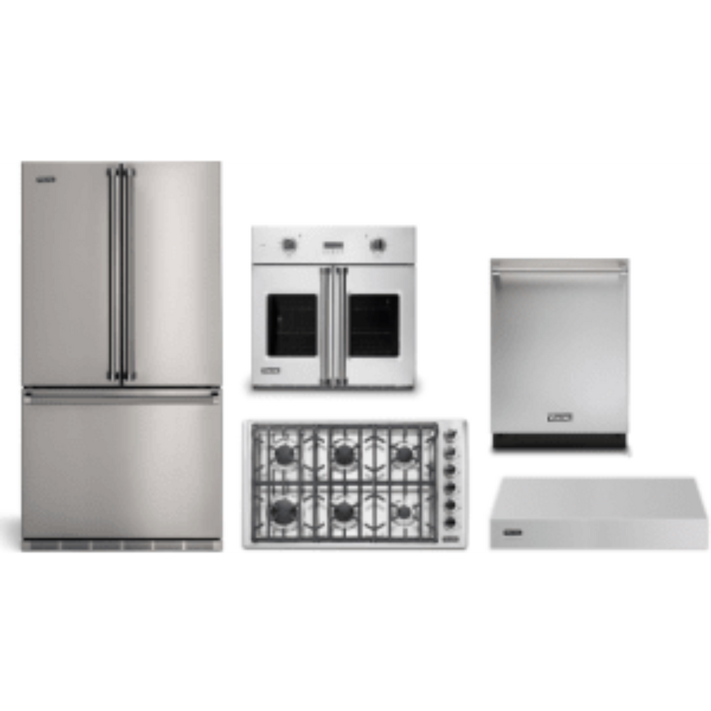 Viking 5-Piece Package 36 Counter-Depth French-Door Refrigerator and 36 5 Cooktop and 30 Wall Oven and 24 Integrated Dishwasher and 36 Hood - RVFFR336SS